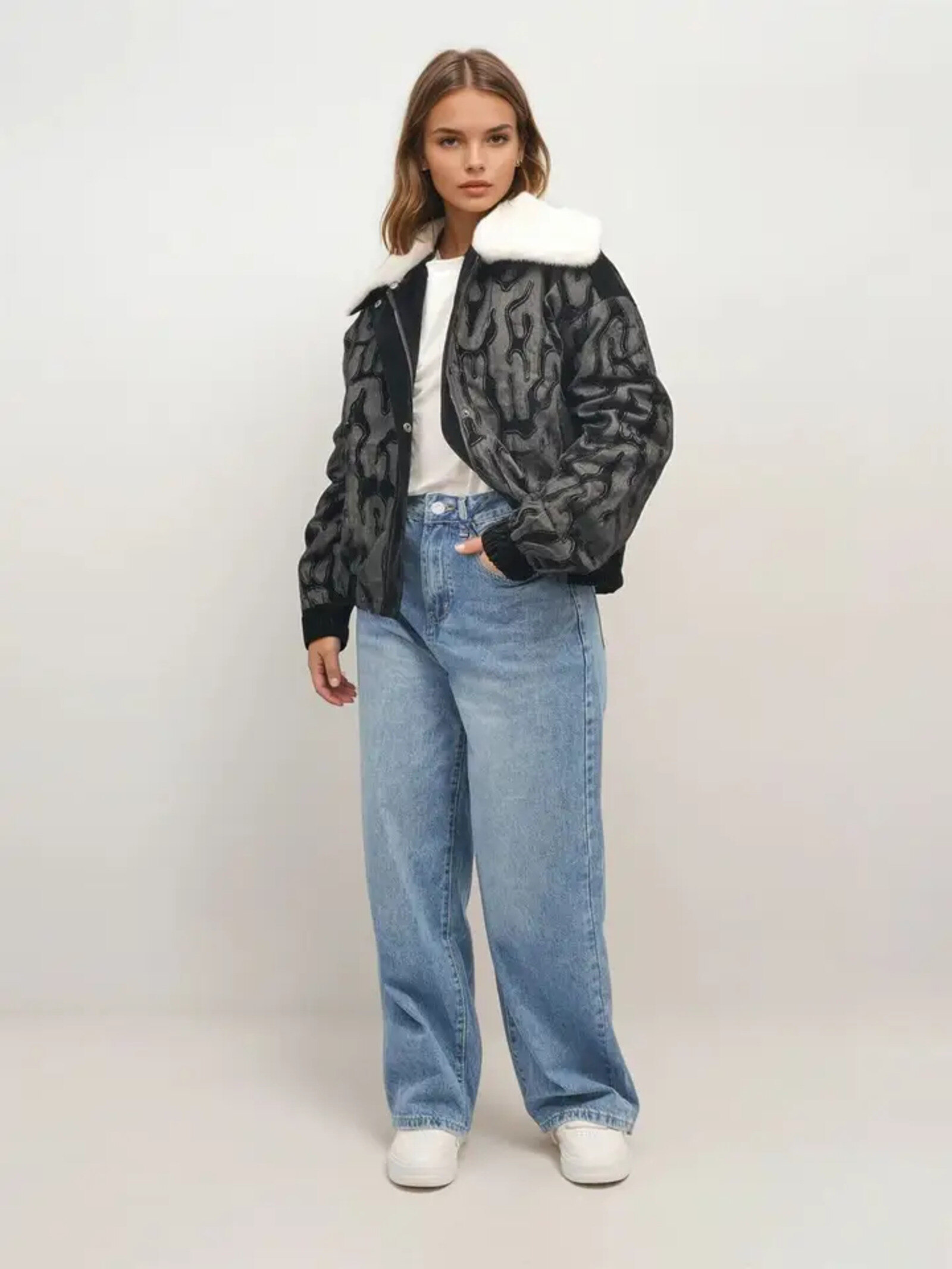 Grossista Cécile Wang - Giacca bomber con collo in pelliccia sintetica a contrasto MJ264374