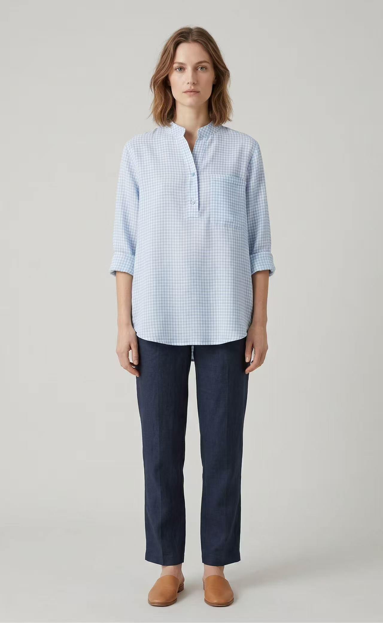 Grossista CEM - CAMICIA A QUADRETTI COLLO COREANO CON MANICA RIVOLTO