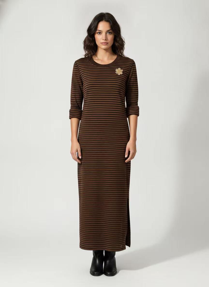 Wholesaler CEM - LONG STRIPED KNIT DRESS WITH ACCESSORY BROOCH