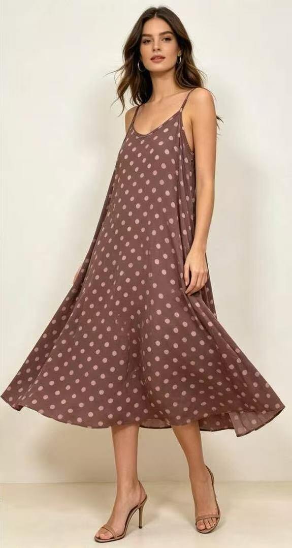 Grossista CEM - VESTITO LUNGO BASIC IN VISCOSA STAMPATO POIS TINTO LAVATO