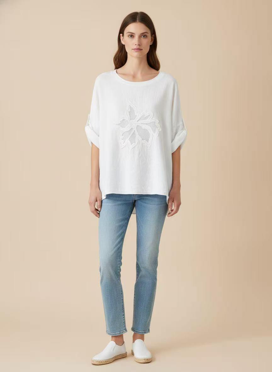 Wholesaler CEM - LINEN KNIT WITH FLORAL EMBROIDERY AND BACK IN WASHED DYED COTTON