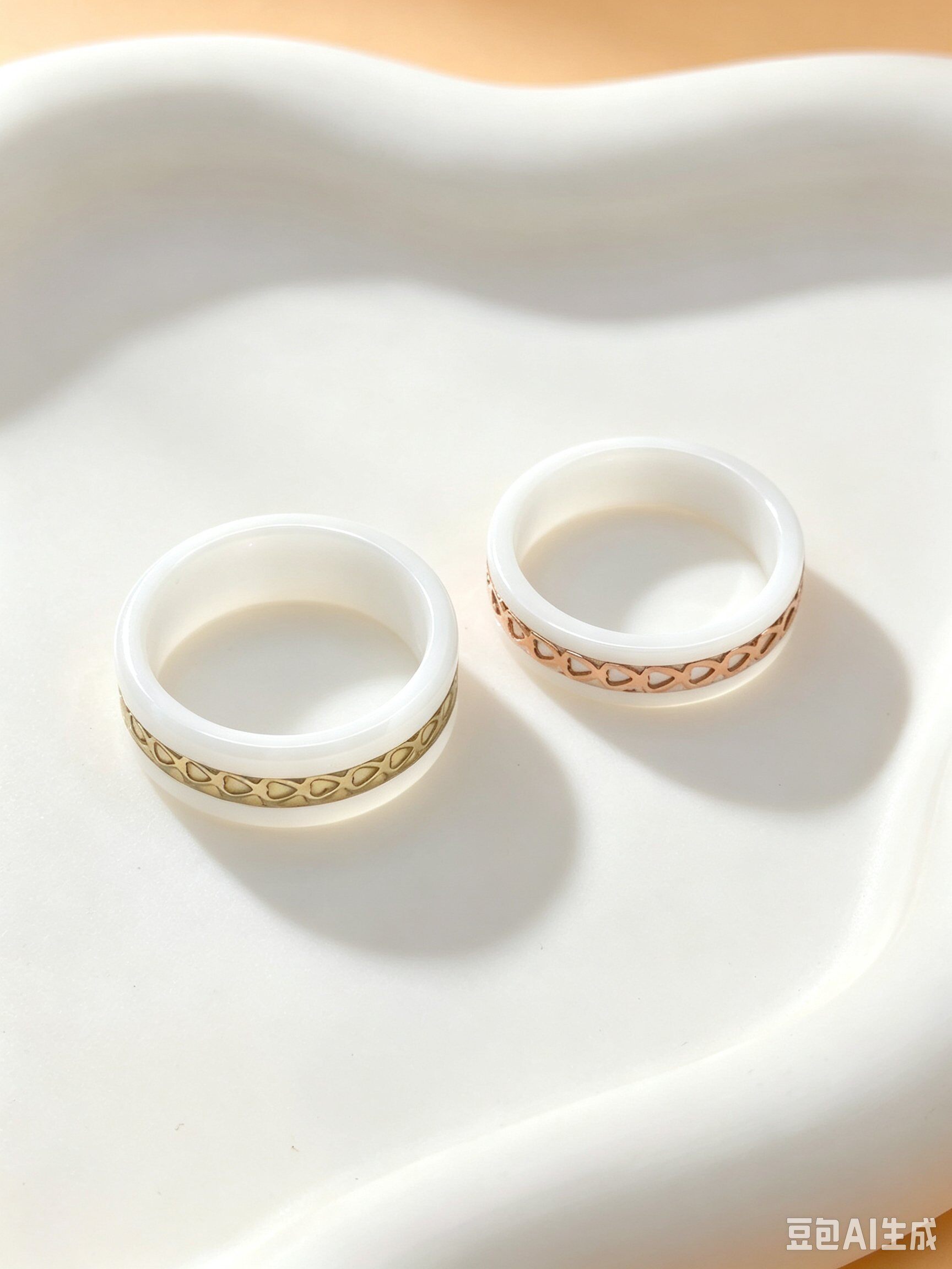 Großhändler Ceramik - Weißer Keramikring – Goldene Herzmuster / Roségold