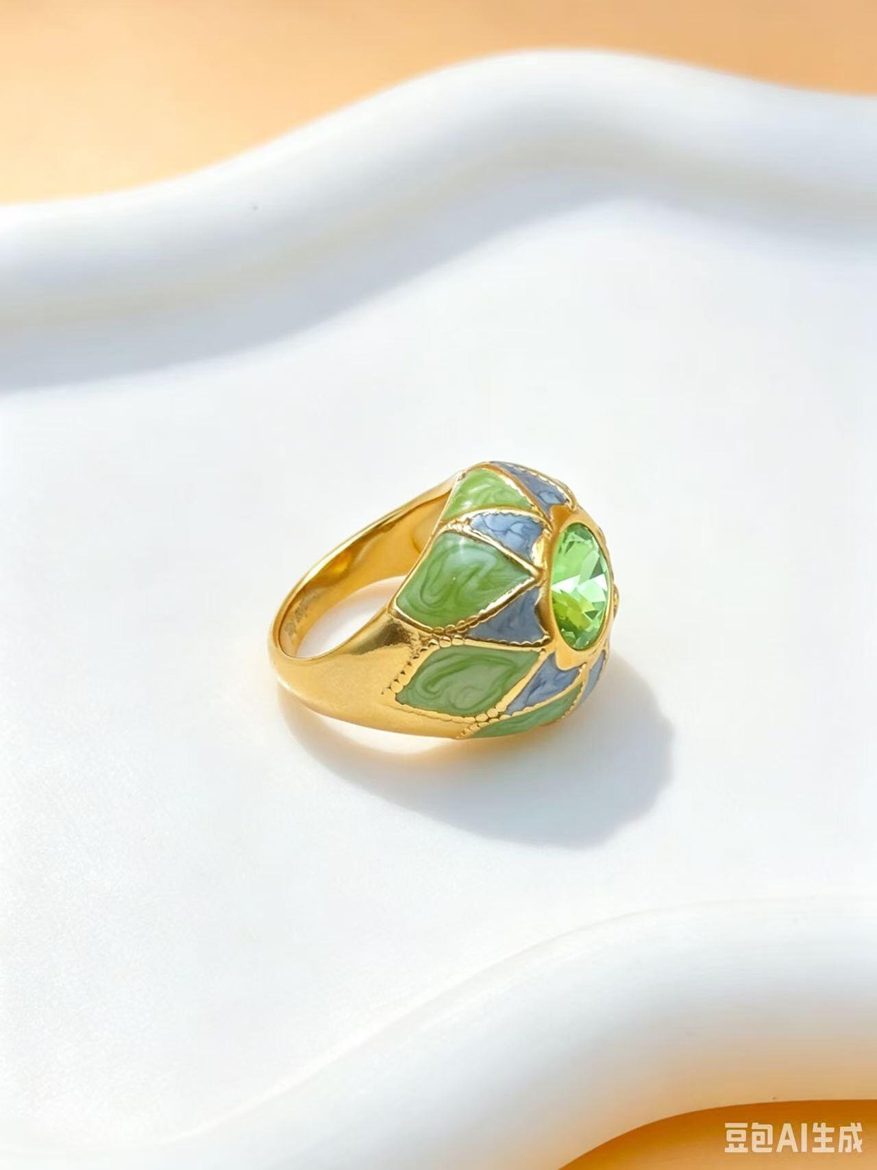 Wholesaler Ceramik - Green & Blue Enamel Flower Ring – Gold Stainless Steel – Size 54 to 59