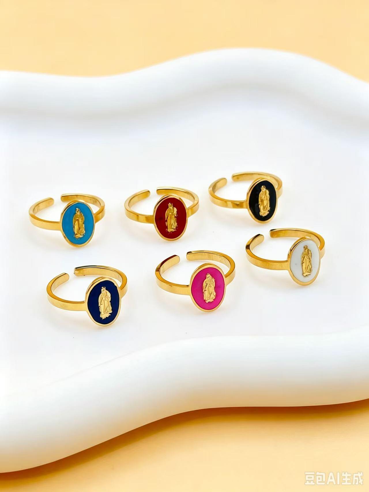 Großhändler Ceramik - Verstellbare Ringe mit Jungfrau-Medaillon – Vergoldeter Edelstahl & Buntes Emaille