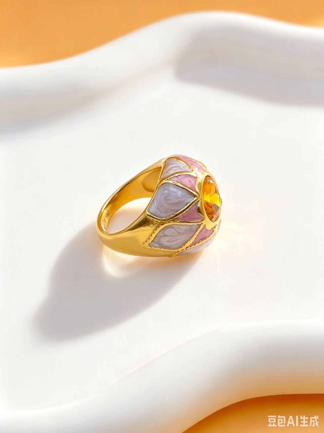 Wholesaler Ceramik - Pink & White Enamel Flower Ring with Amber Crystal – Stainless Steel – Size 54 to 59