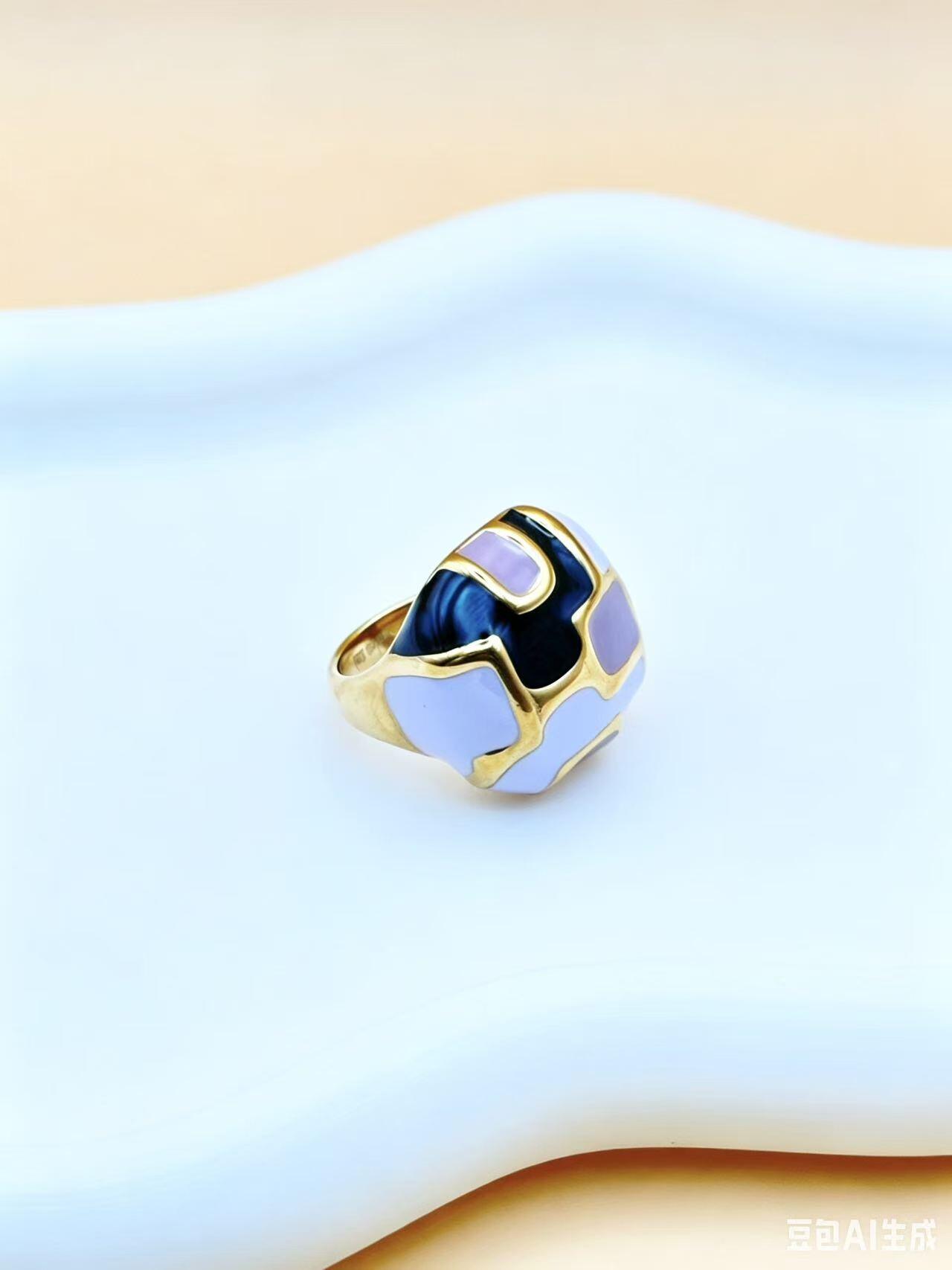 Wholesaler Ceramik - Women's Enamel Ring Black & White & Lilac – Gold-Plated Stainless Steel – Size 54 to 59