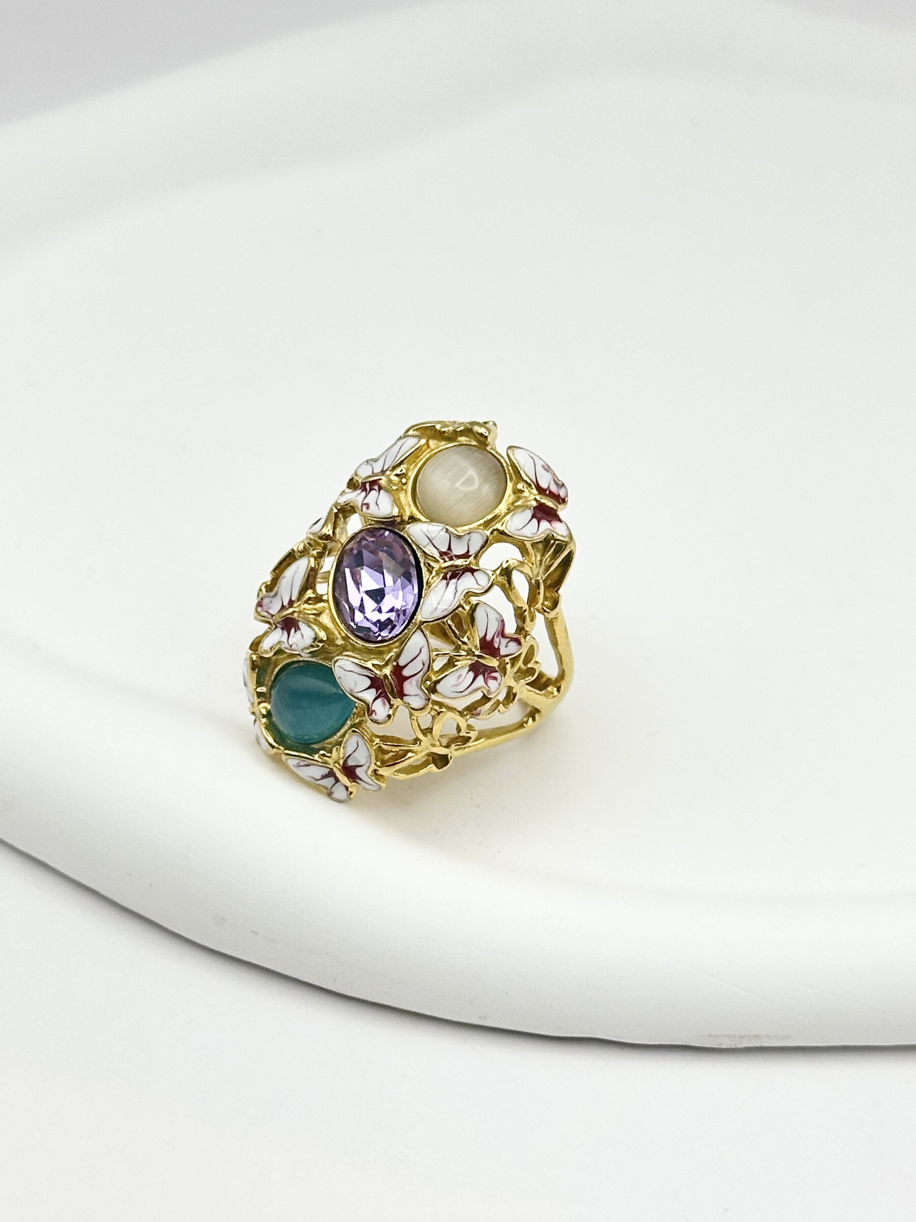Grossiste Ceramik - Bague Papillons en Émail et Cristaux Multicolores – Acier Inoxydable Doré
