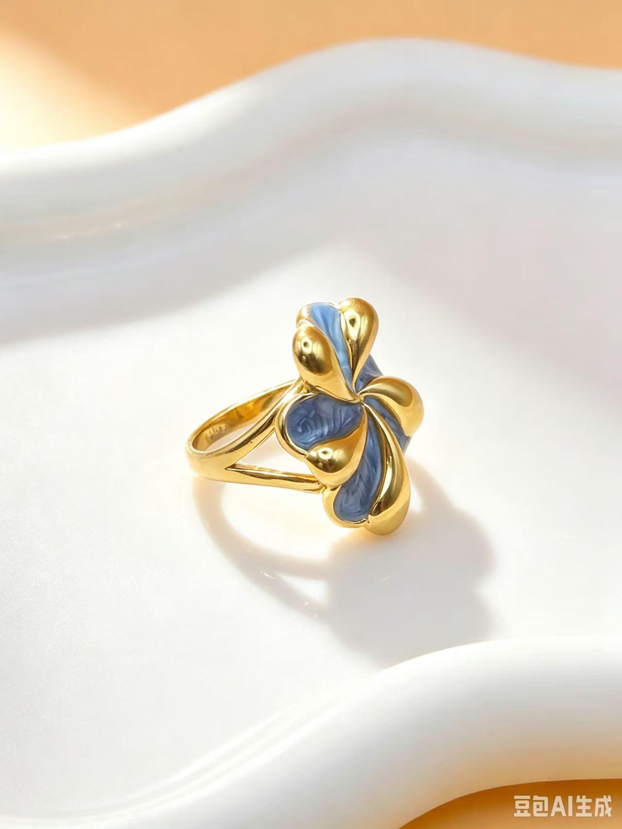 Wholesaler Ceramik - Blue Enamel Flower Ring – Gold Stainless Steel – Size 54 to 59
