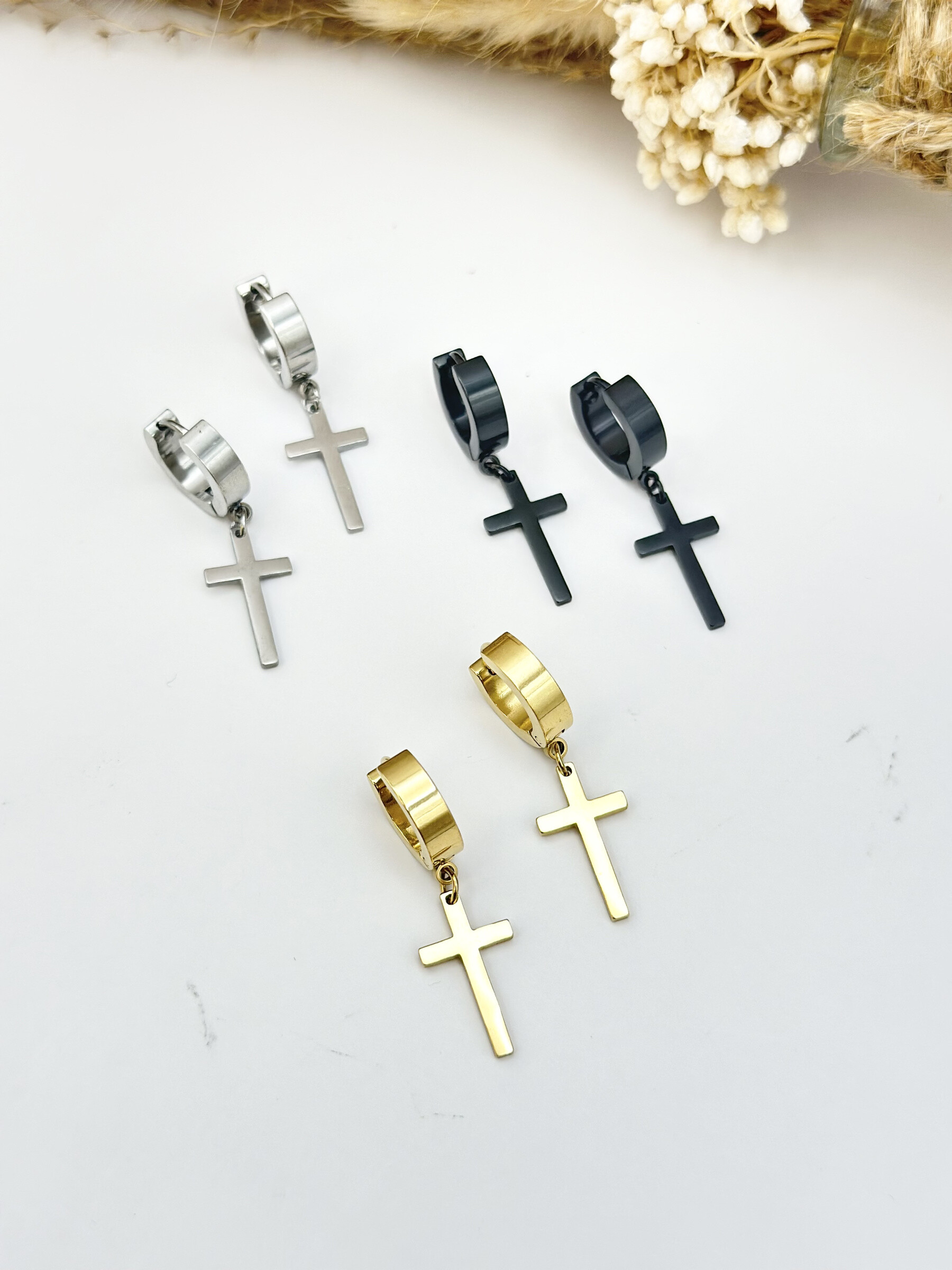 Wholesaler Ceramik - Creole earrings in stainless steel with dangling cross