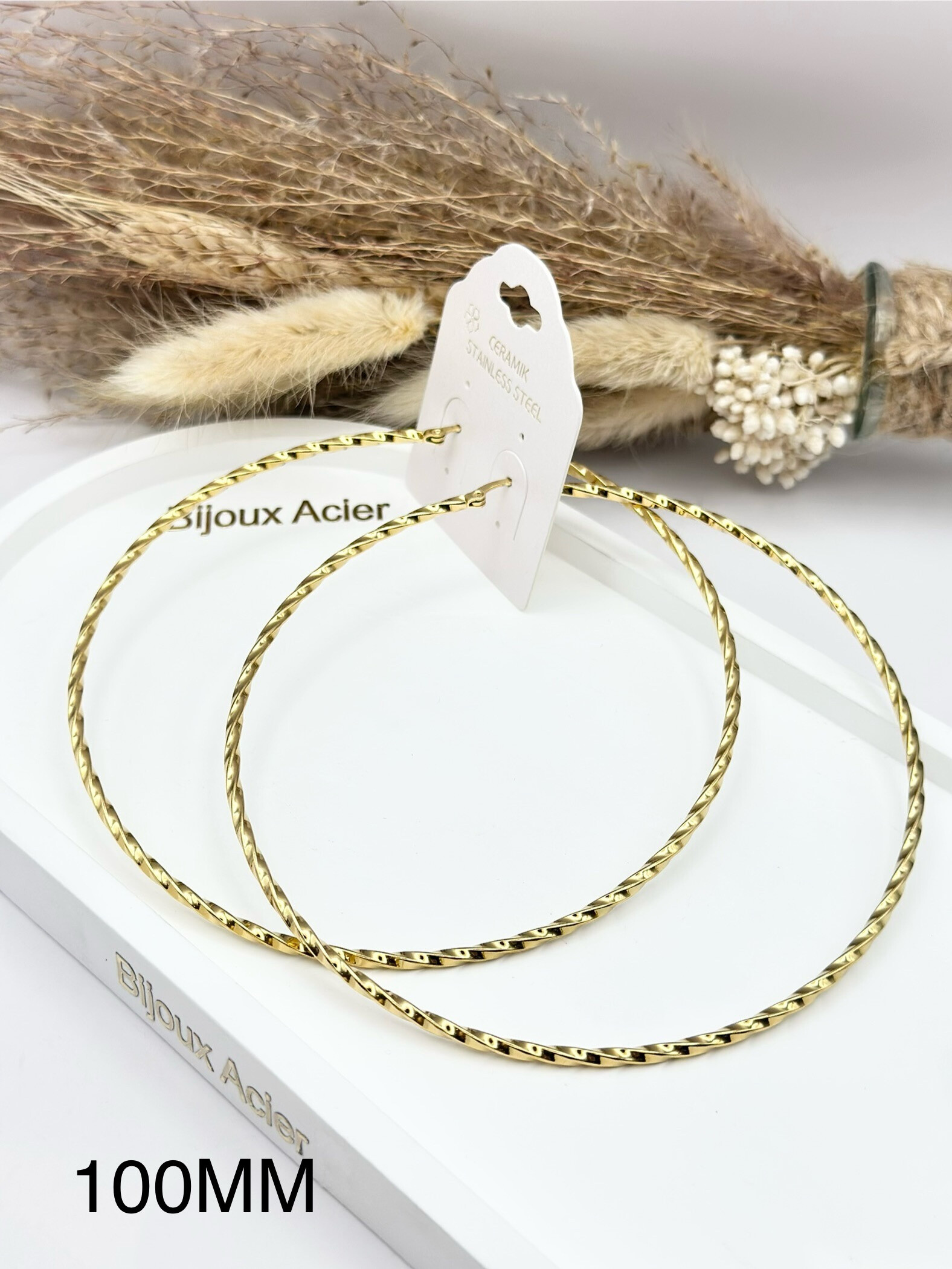 Grossiste Ceramik - Boucles d'Oreilles Torsadées en Acier Inoxydable 100mm