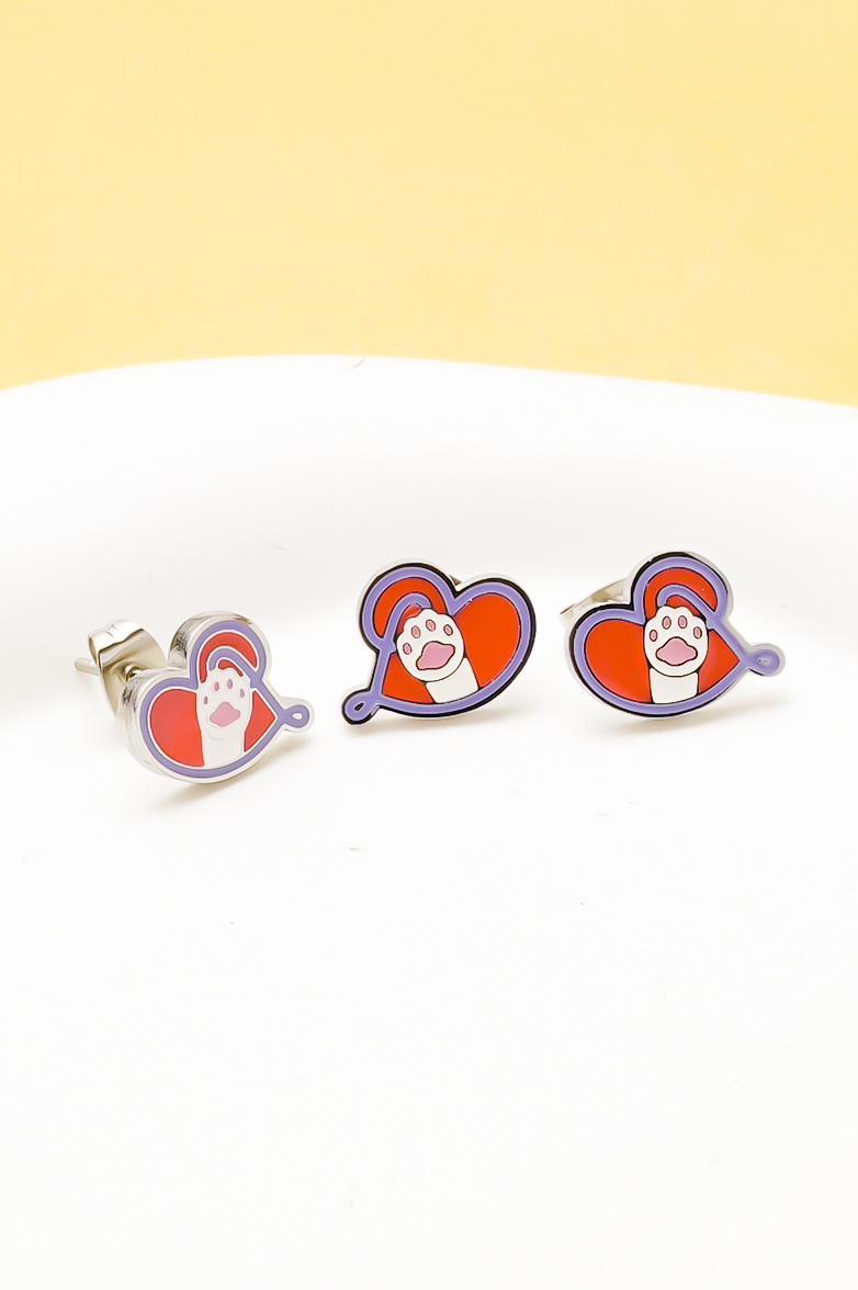 Grossiste Ceramik - LOT de 3 - Boucles d'Oreilles Femme - Cœur Rouge avec Empreinte de Patte - Acier Inoxydable - Multicolore - Taille Environ 1 cm