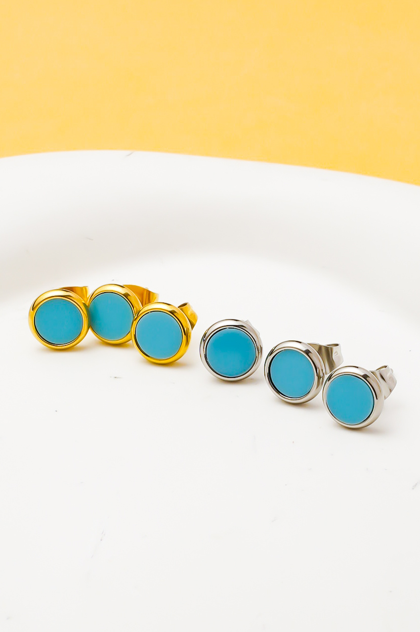 Grossiste Ceramik - LOT de 3 Pièces - Boucles d'Oreilles Femme - Pierre Turquoise Bleue - 8 mm - Couleur au Choix (Doré ou Argenté)