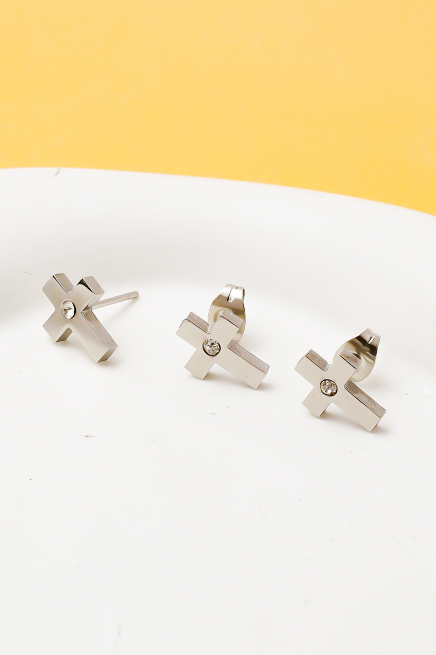 Grossiste Ceramik - LOT de 3 Pièces - Boucles d'Oreilles Femme - Croix avec Zircon - Acier Inoxydable - Taille 8 mm