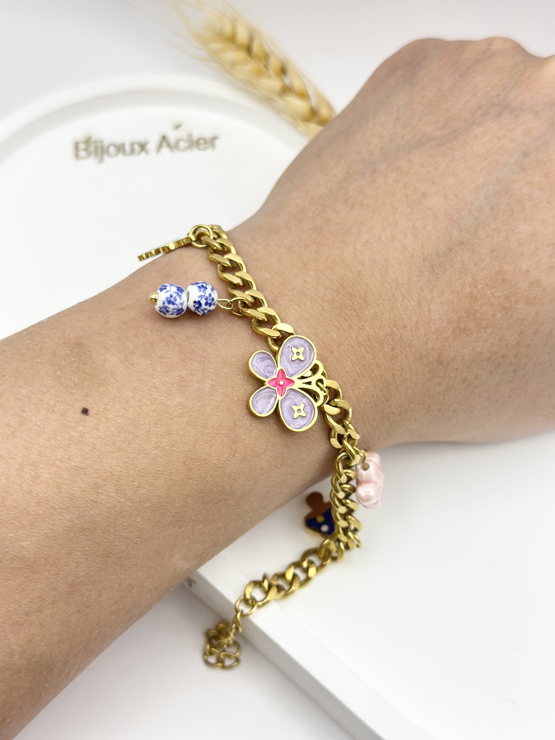 Grossiste Ceramik - Bracelet charms en Acier Inoxydable  17 cm + 3,5 cm ralonges
