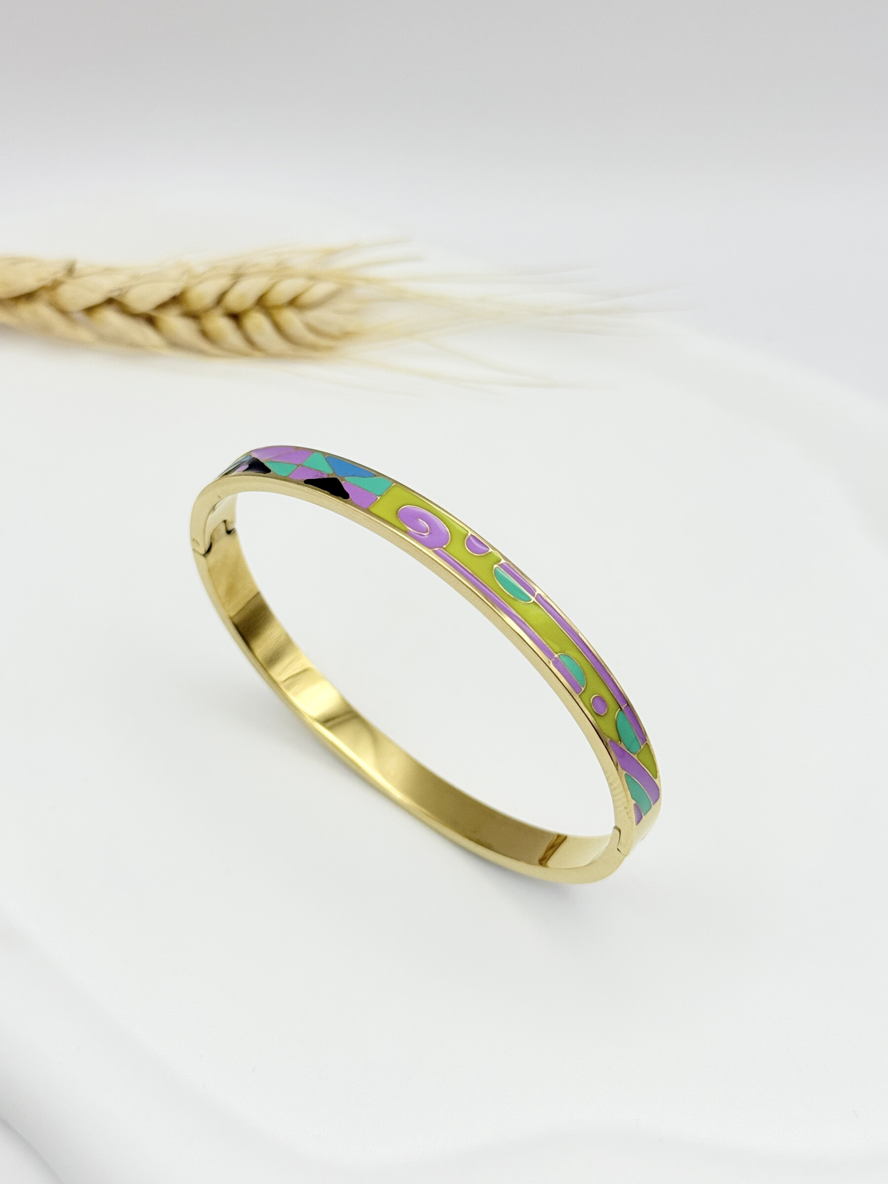 Wholesaler Ceramik - Hinged bangle bracelet in stainless steel with enamel in Anise Green and Violet