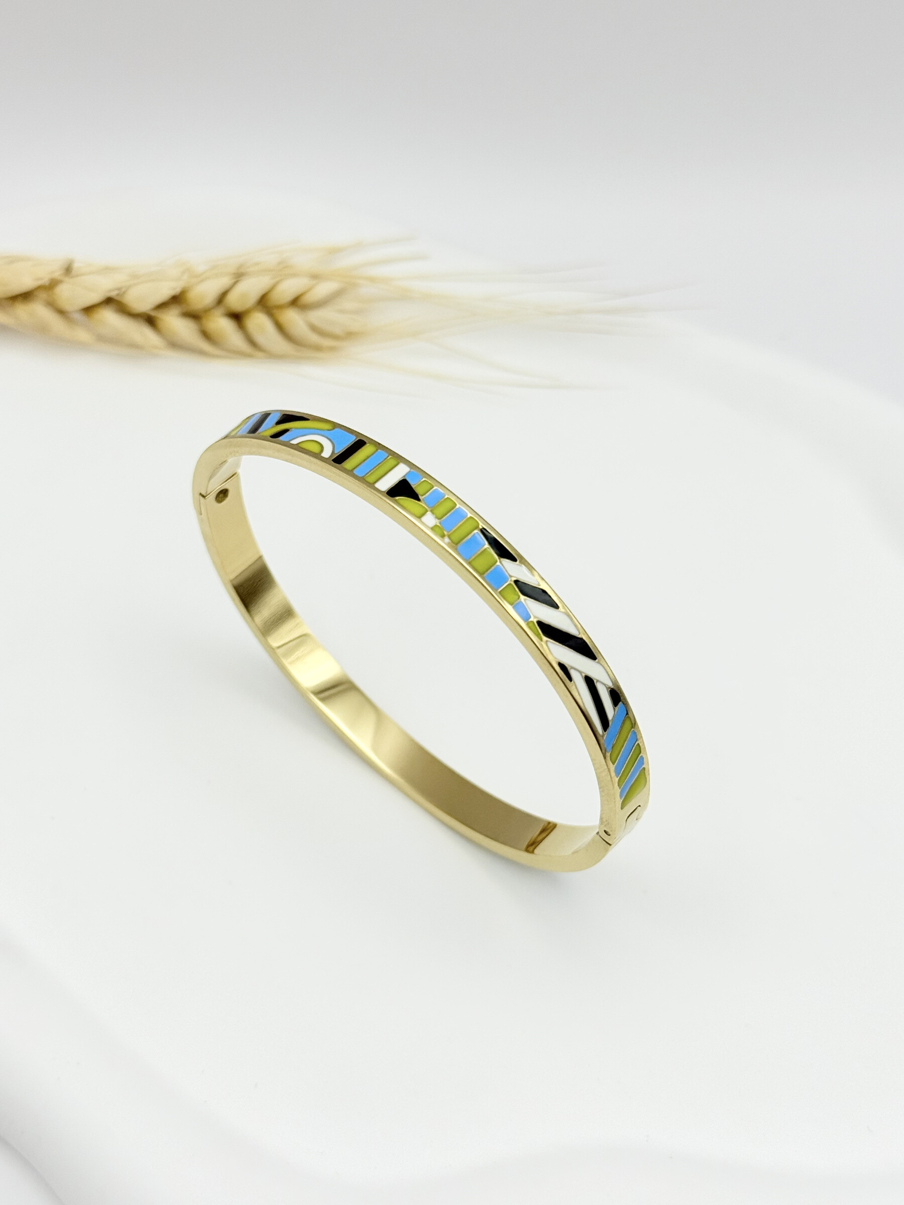 Wholesaler Ceramik - Hinged stainless steel enamel bangle bracelet Blue, black and green