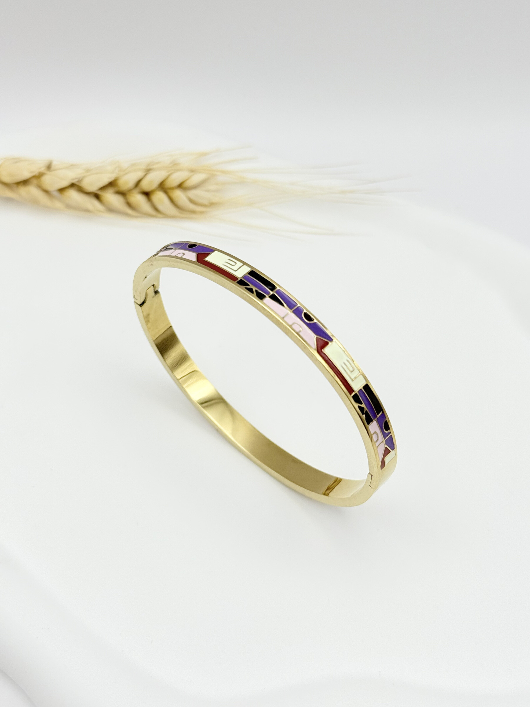 Wholesaler Ceramik - Hinged bangle bracelet in stainless steel with purple and red enamel