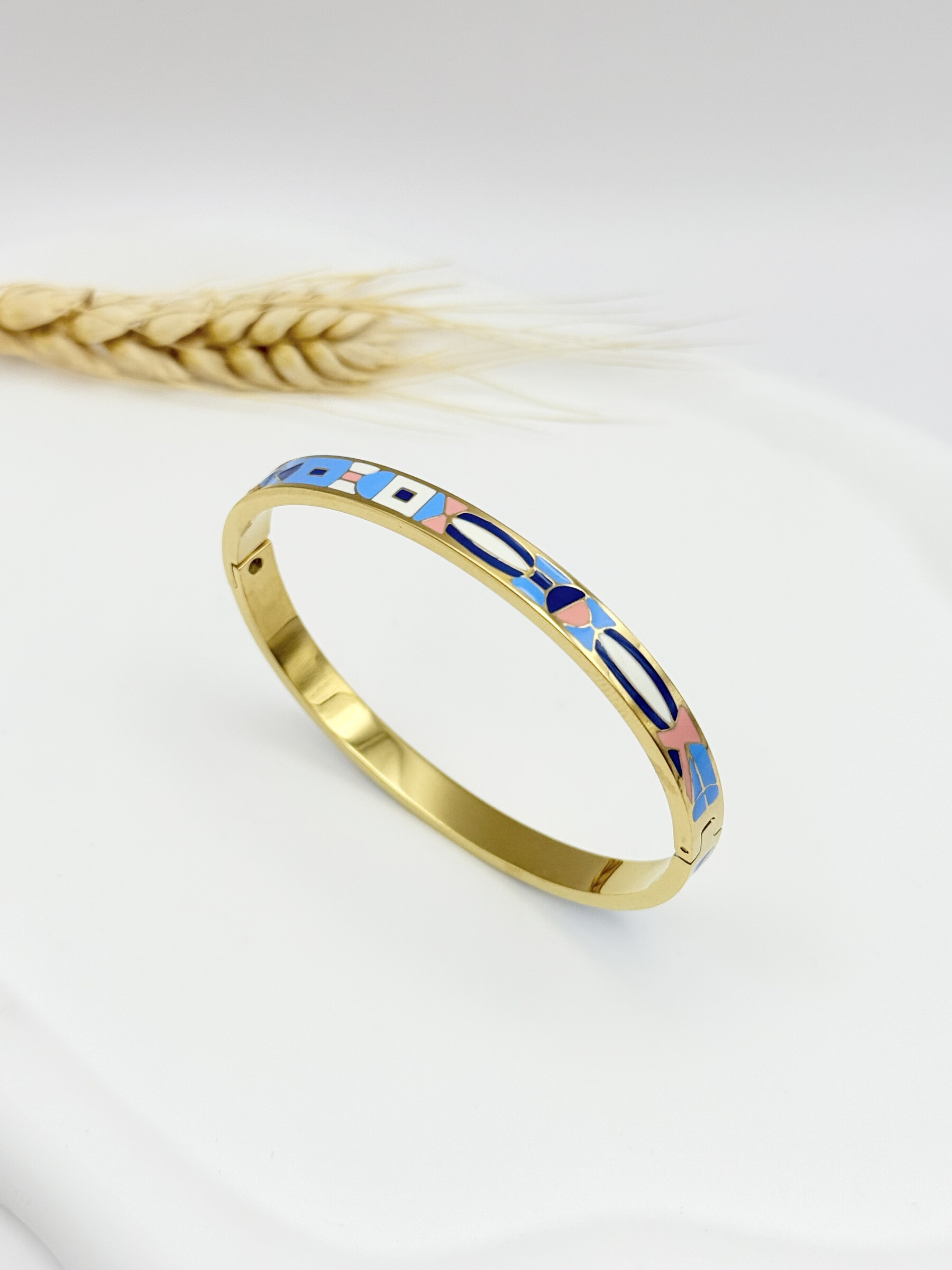 Wholesaler Ceramik - Hinged bangle bracelet in blue and pink enameled stainless steel