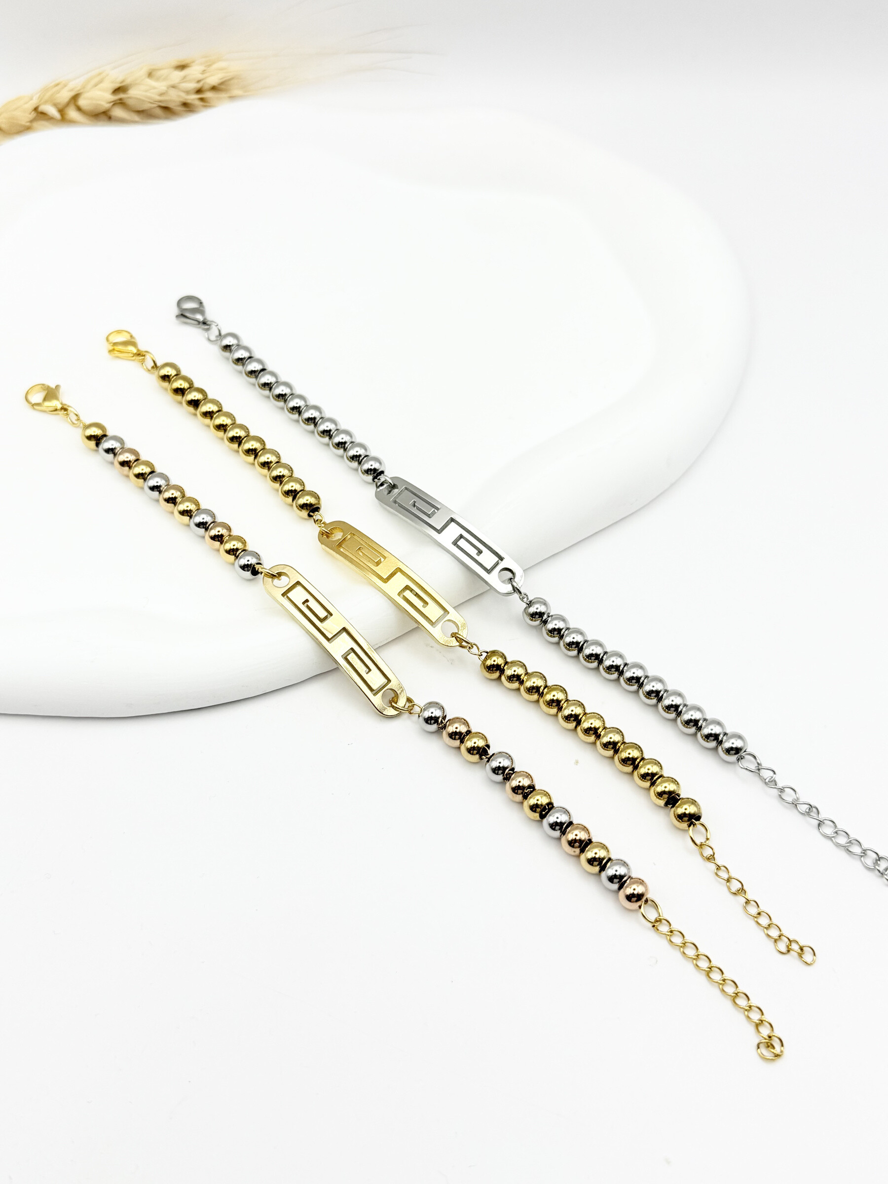 Grossista Ceramik - Bracciale in acciaio inossidabile con motivo greco Perle da 6mm
