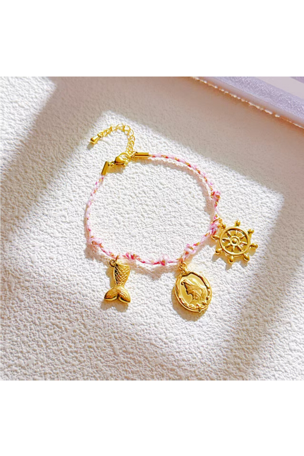 Grossista Ceramik - Braccialetto marinaio in corda intrecciata rosa Charms in acciaio inossidabile