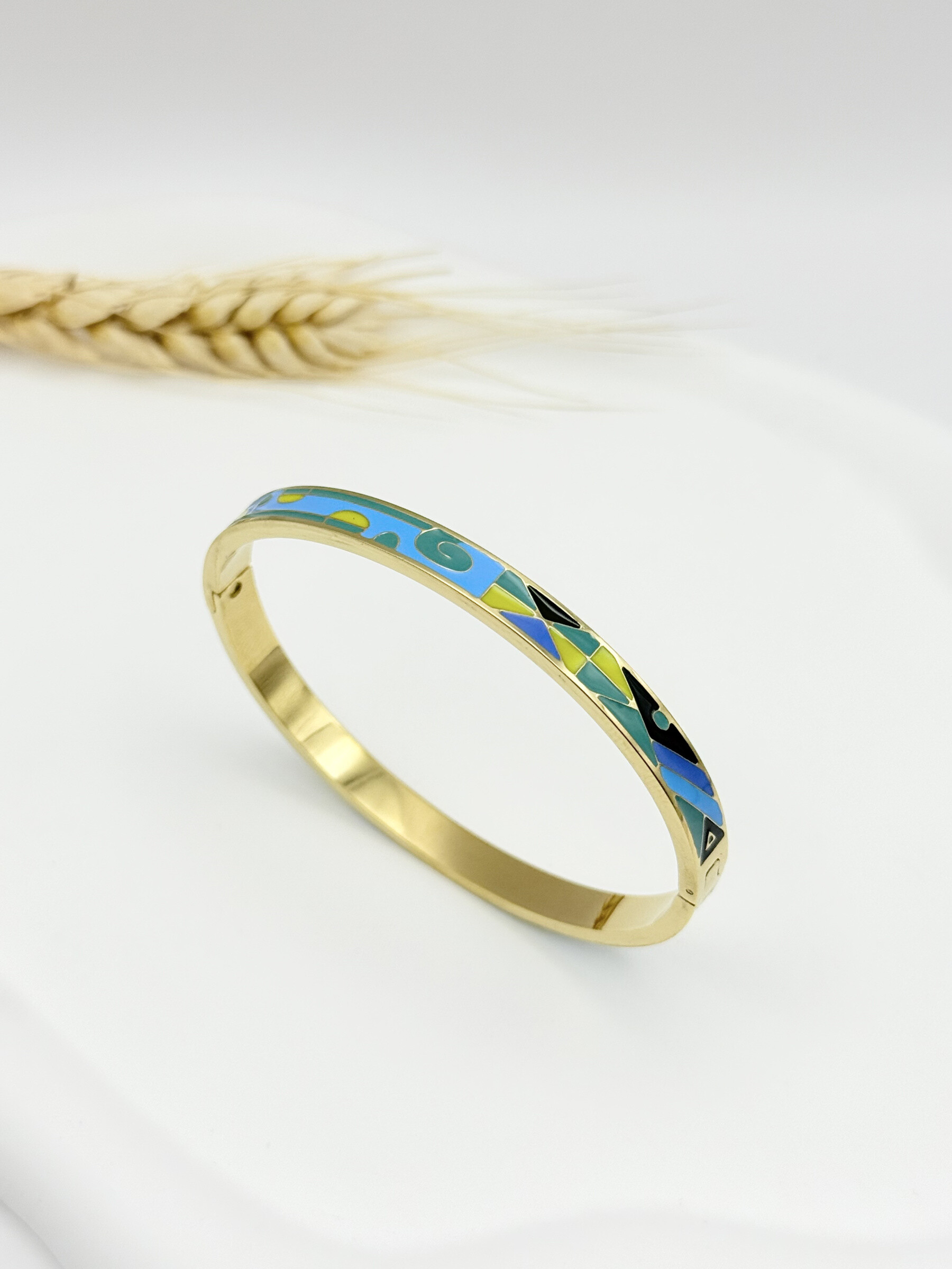 Wholesaler Ceramik - Hinged stainless steel enamel bangle bracelet Blue and yellow