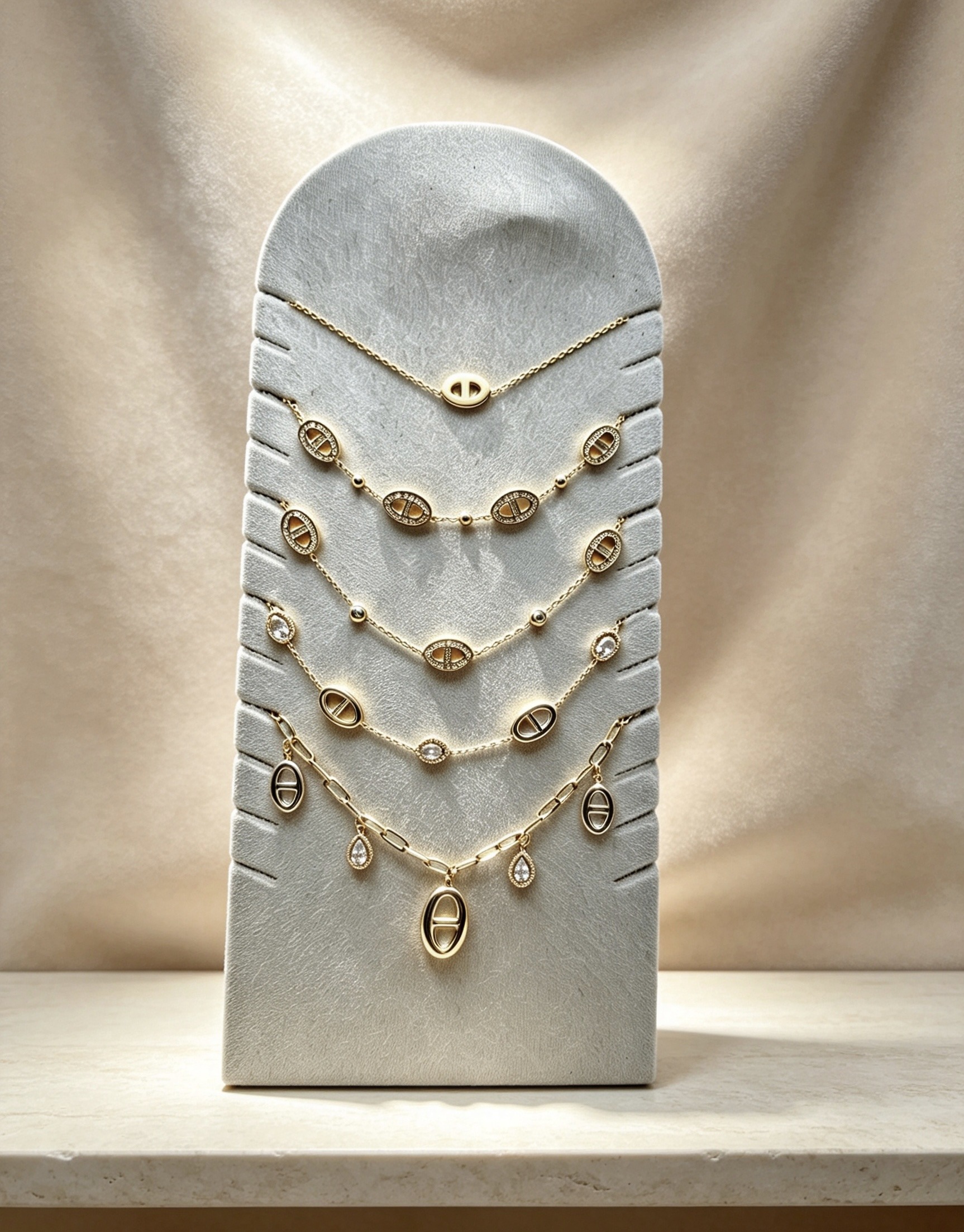 Großhändler Ceramik - Set aus 5 goldfarbenen Edelstahlkettenarmbändern — Kaffeebohnen-Glieddesign & funkelnde Strasssteine