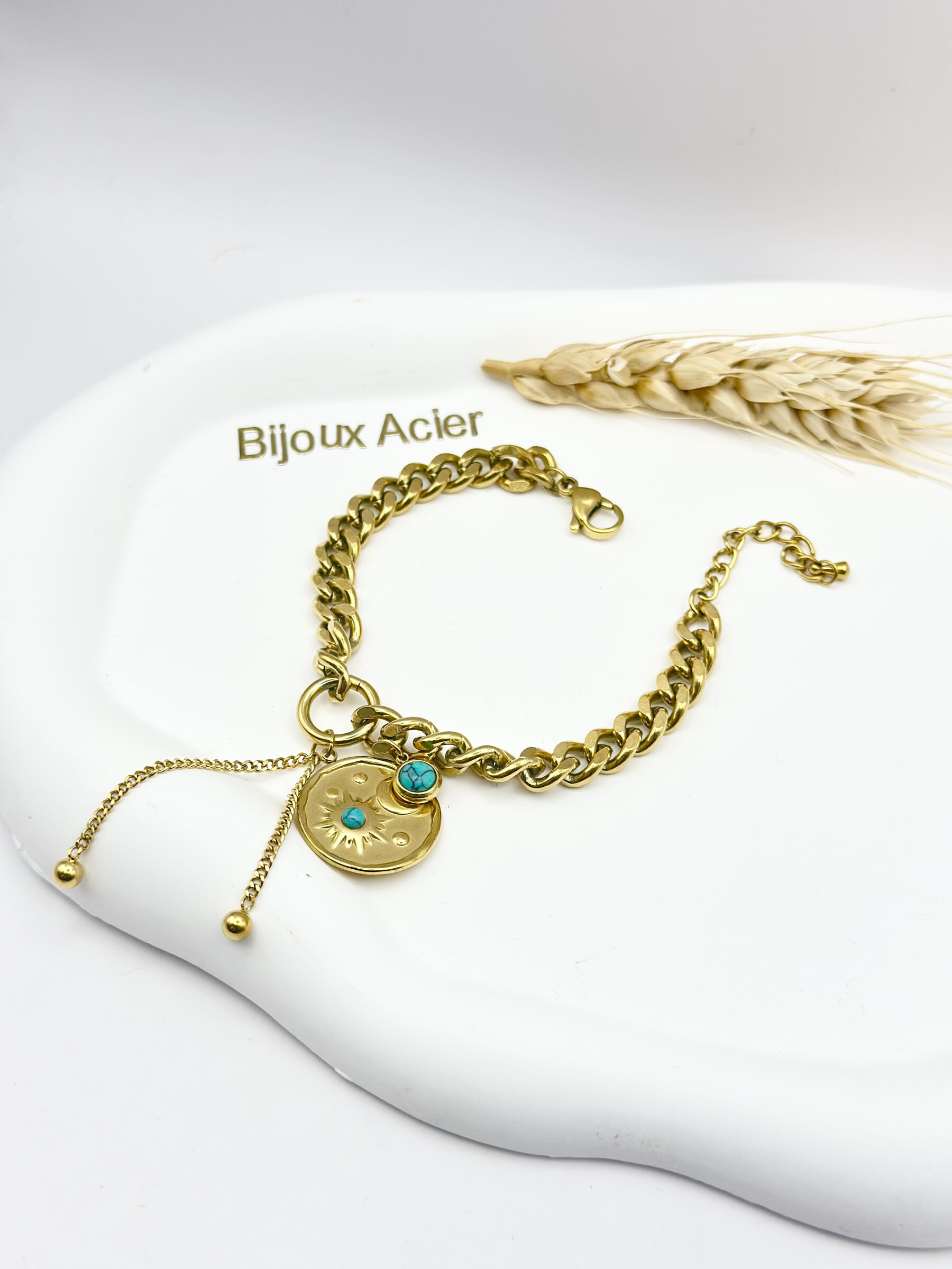 Grossiste Ceramik - Bracelet "Lune Turquoise" – Médaillon & Acier Inoxydable Doré