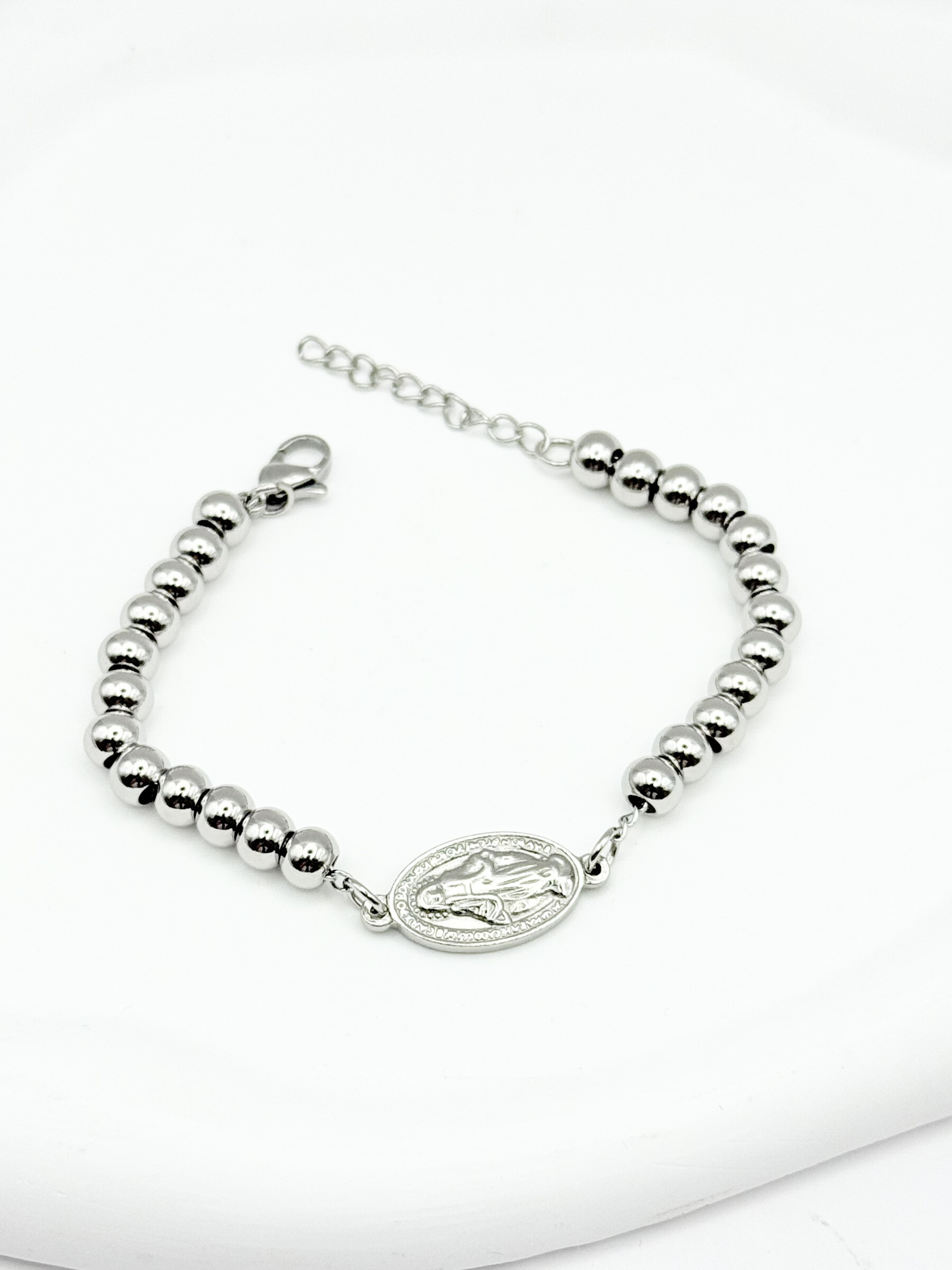 Grossista Ceramik - Bracciale in acciaio inossidabile con medaglia della Vergine Maria - Perle da 6mm