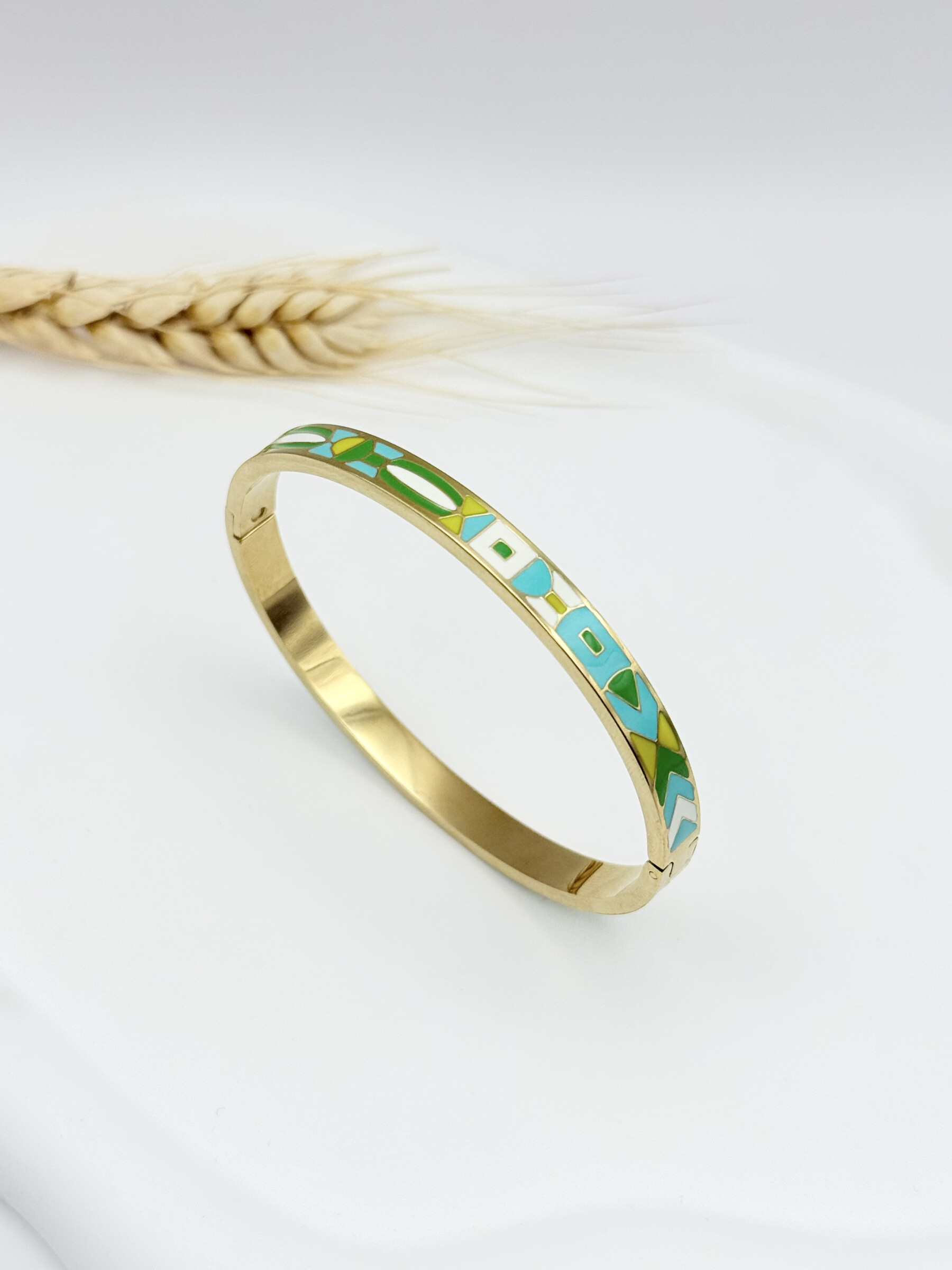 Wholesaler Ceramik - Hinged Bangle Bracelet in Stainless Steel Green and Blue Enamel