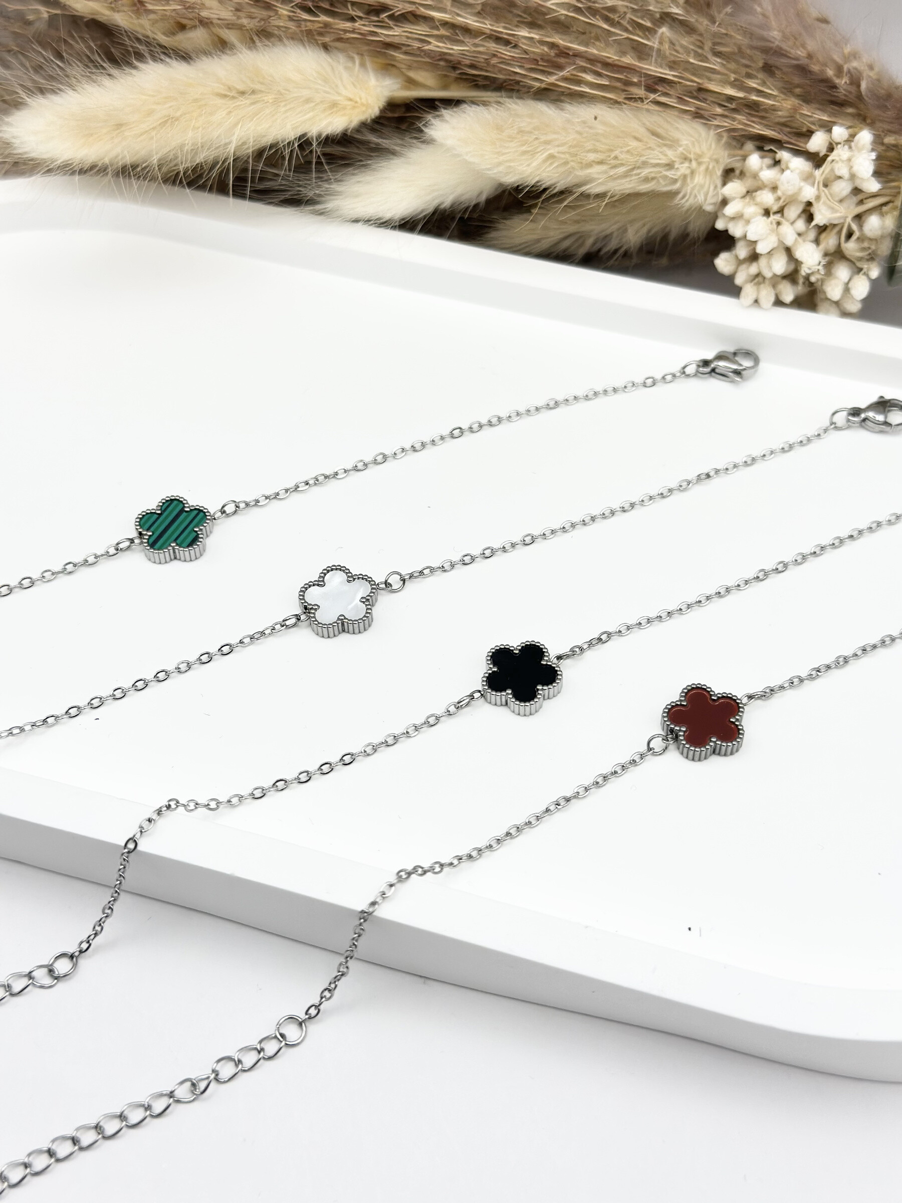 Grossiste Ceramik - Bracelet gourmette en Acier inoxydable motif trèfle argenté