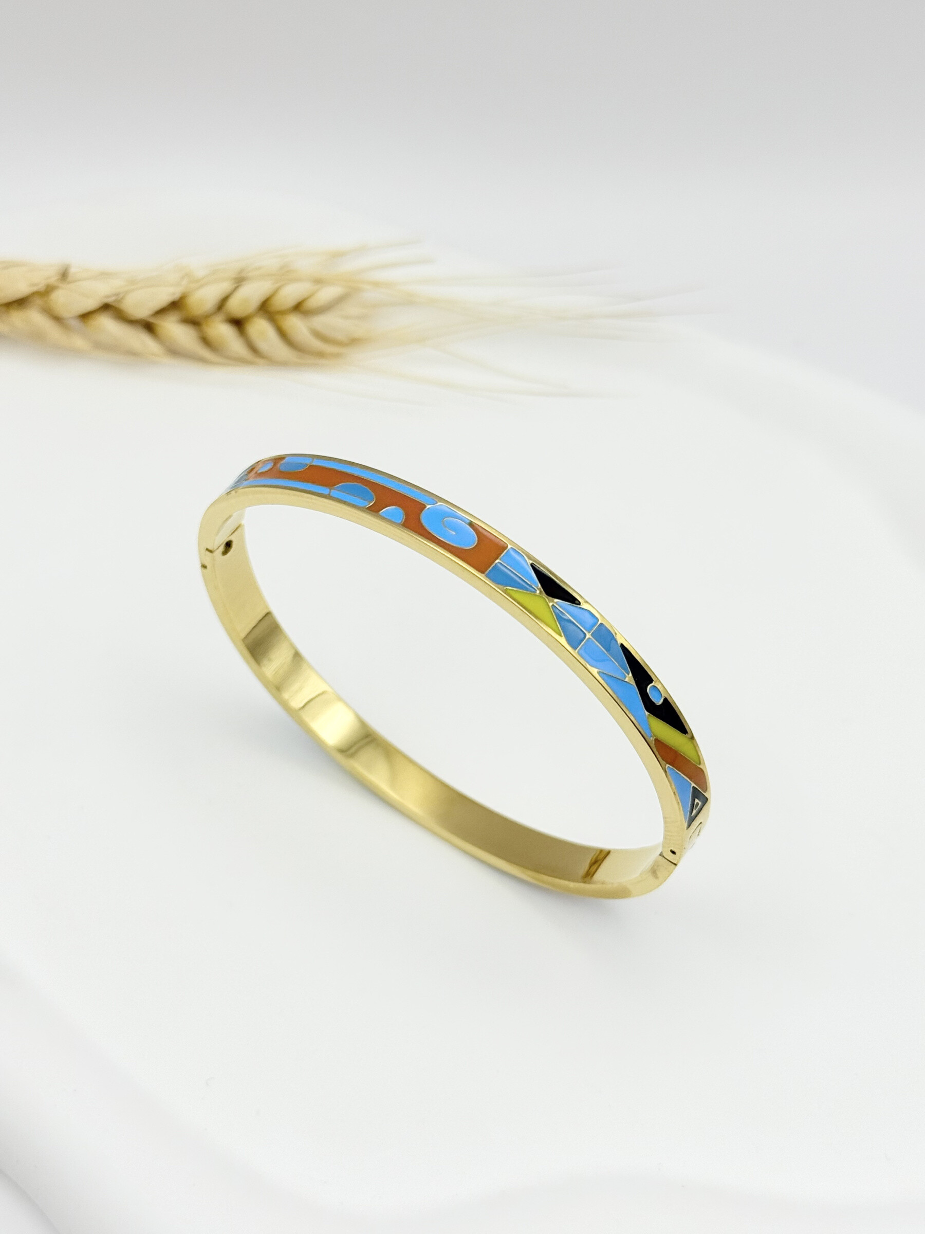 Wholesaler Ceramik - Openable Bangle Bracelet in Stainless Steel with Blue, Orange and Yellow Enamel