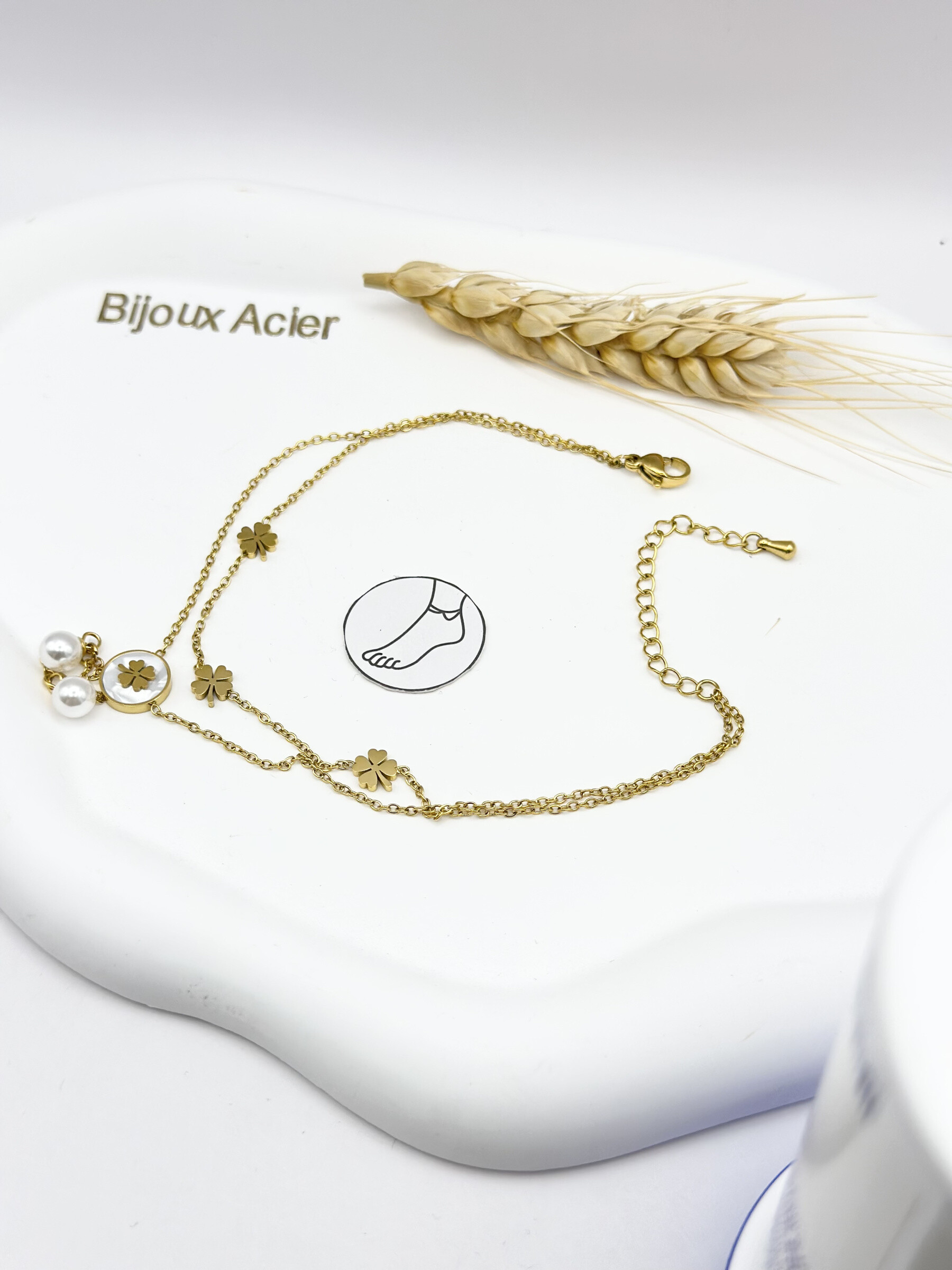 Grossiste Ceramik - Chaîne de Cheville Trèfles & Perles - Acier Inoxydable Doré