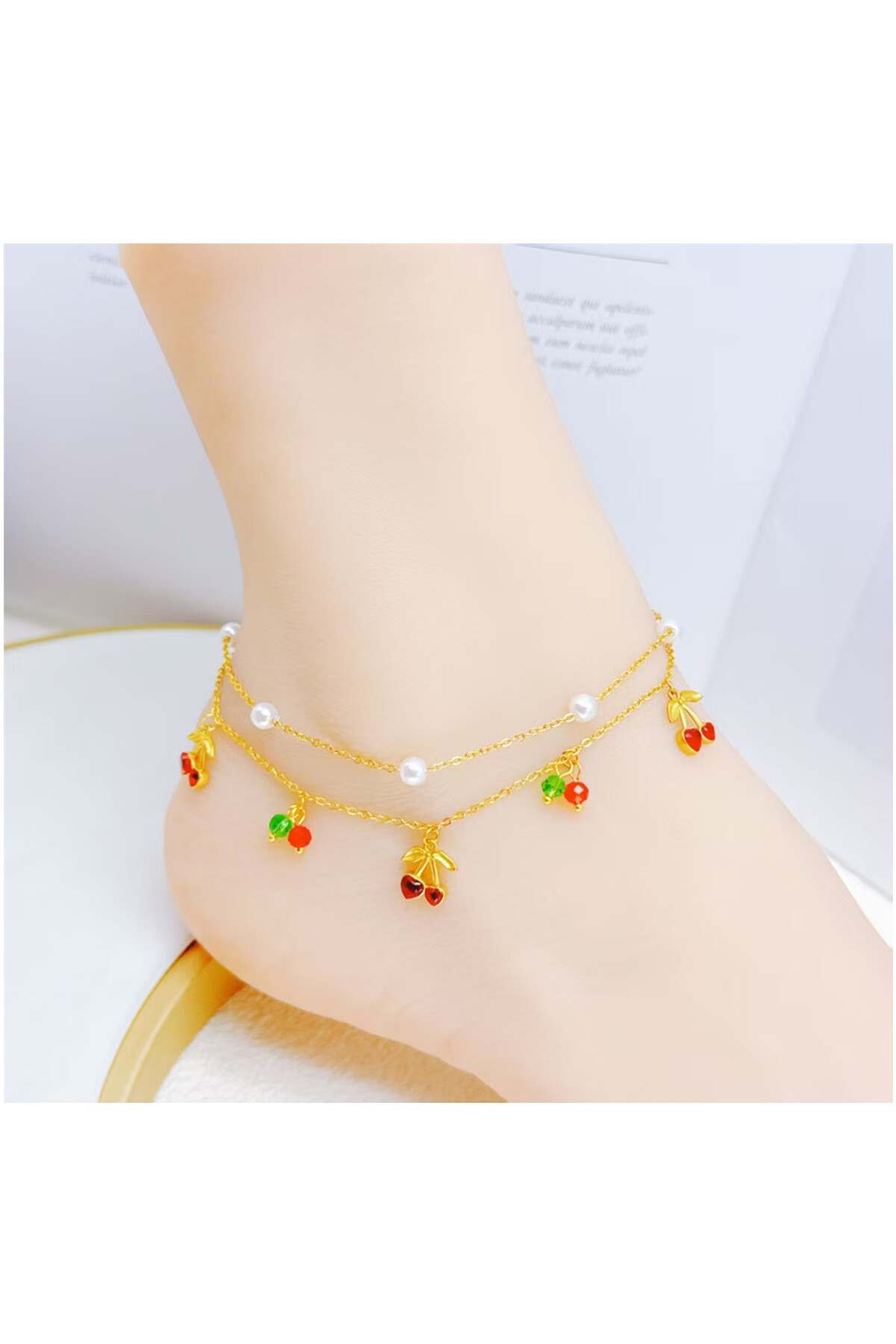 Wholesaler Ceramik - Double-row ankle bracelet with cherries Stainless steel
