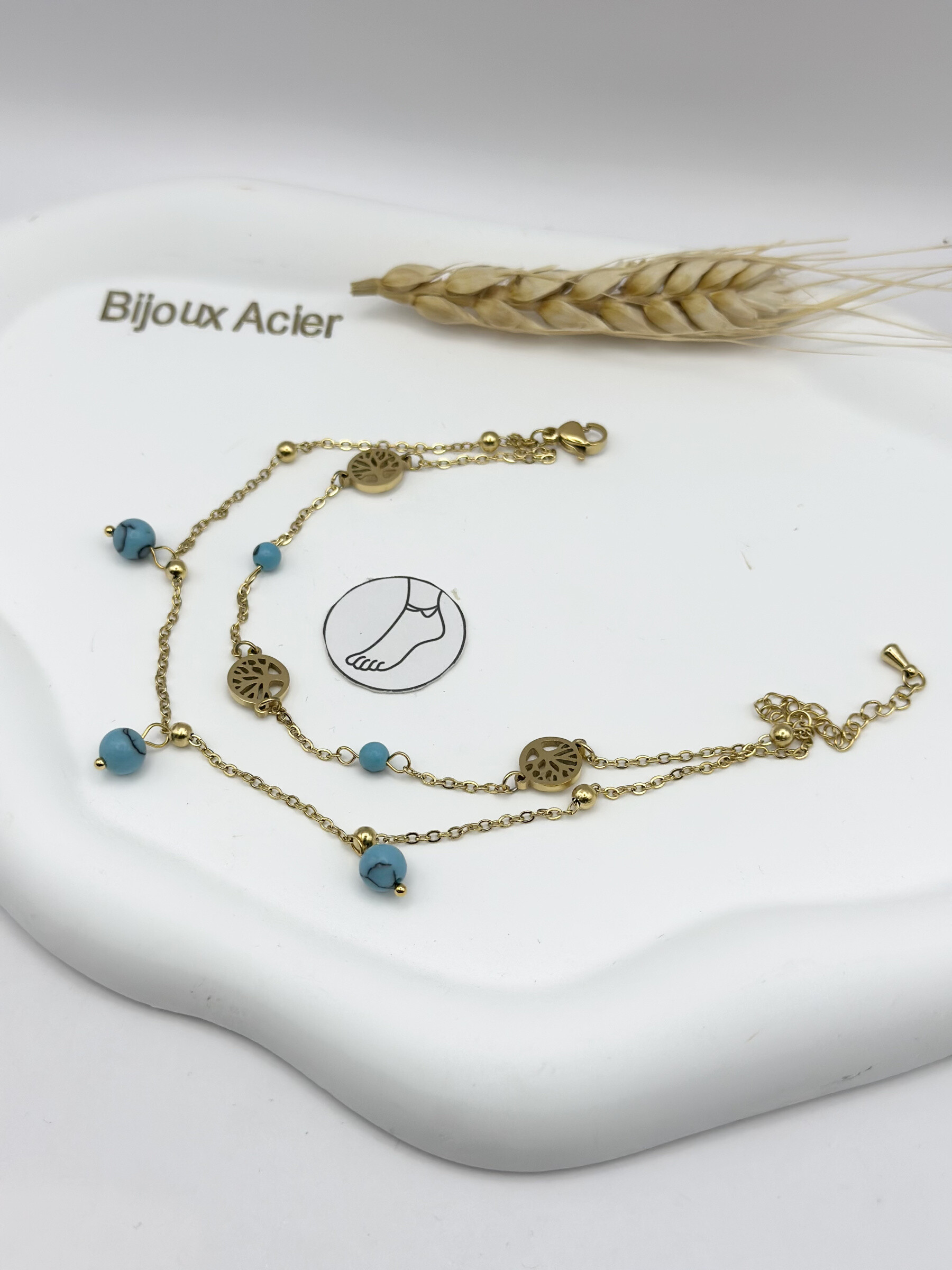 Grossiste Ceramik - Chaîne de Cheville Arbre de Vie & Pierres Turquoises  Acier Inoxydable