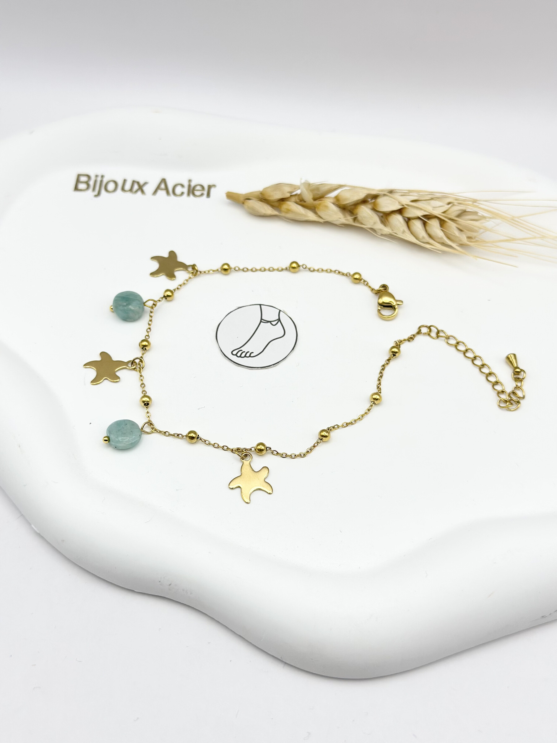 Grossiste Ceramik - Chaîne de Cheville Acier Inoxydable - étoiles & Pierres Aqua