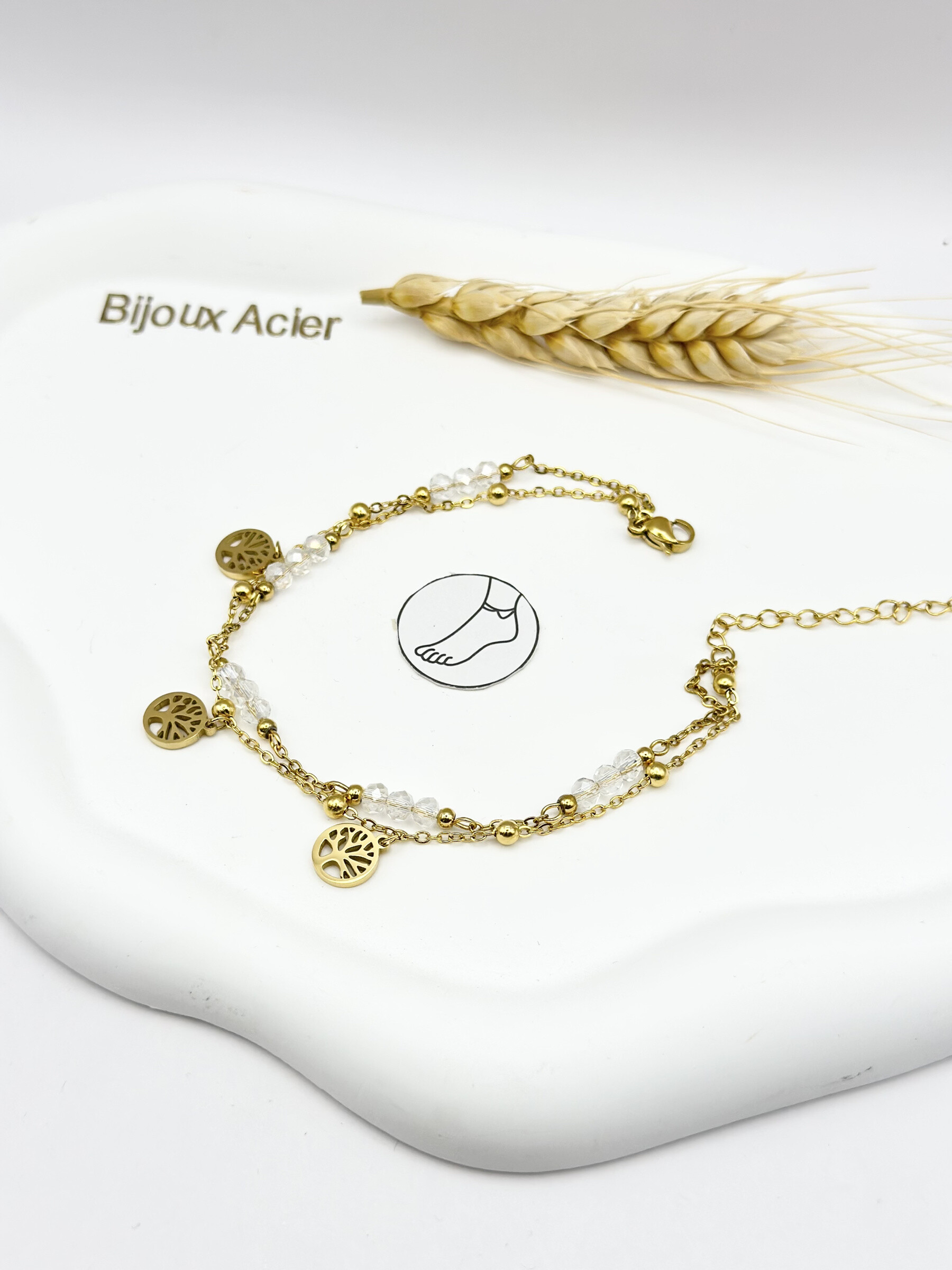 Grossiste Ceramik - Chaîne de Cheville Arbre de Vie & Perles Cristal - Acier Inoxydable Doré