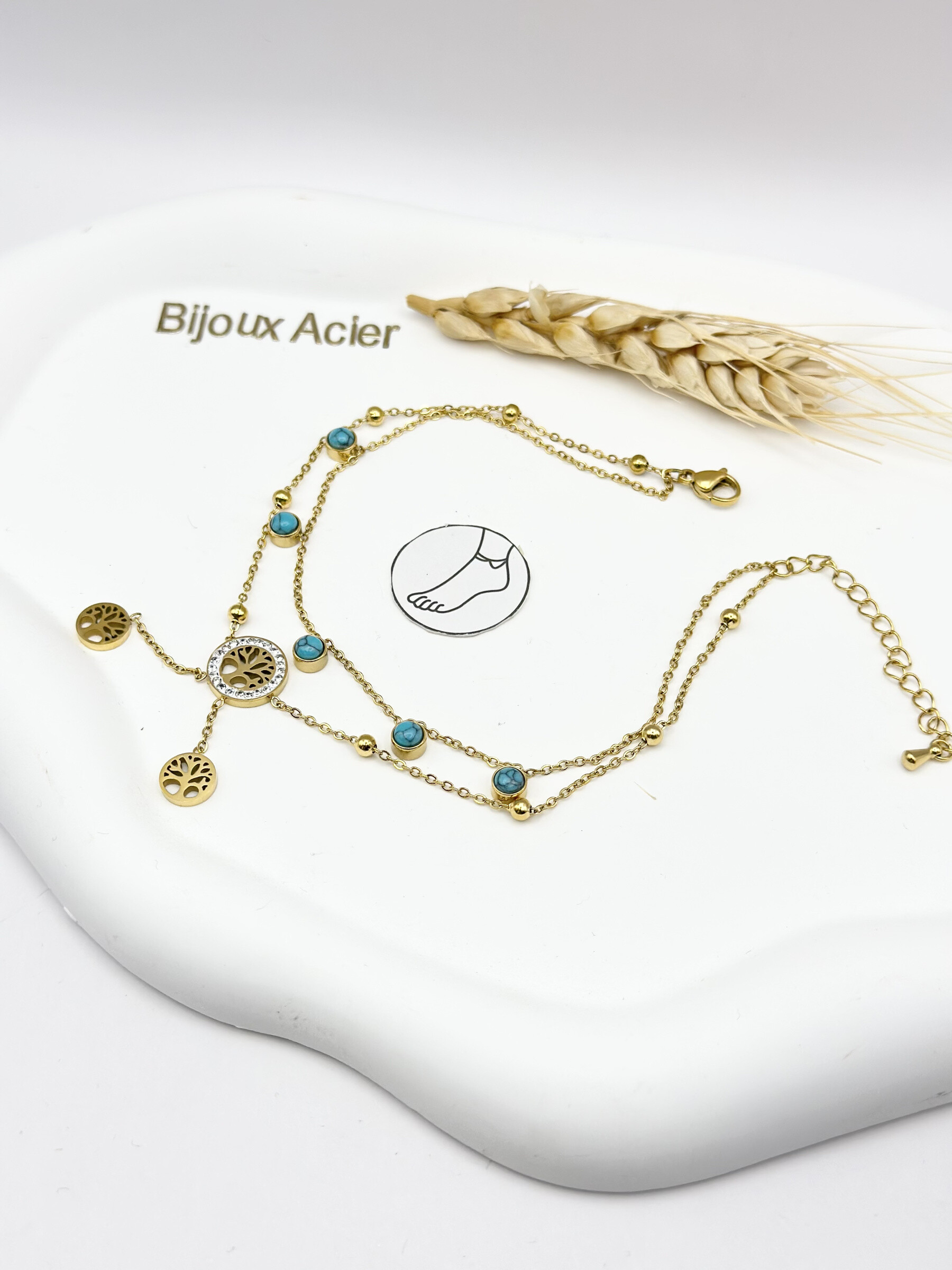 Grossiste Ceramik - Chaîne de Cheville en Acier Inoxydable - Arbre de Vie et Turquoises