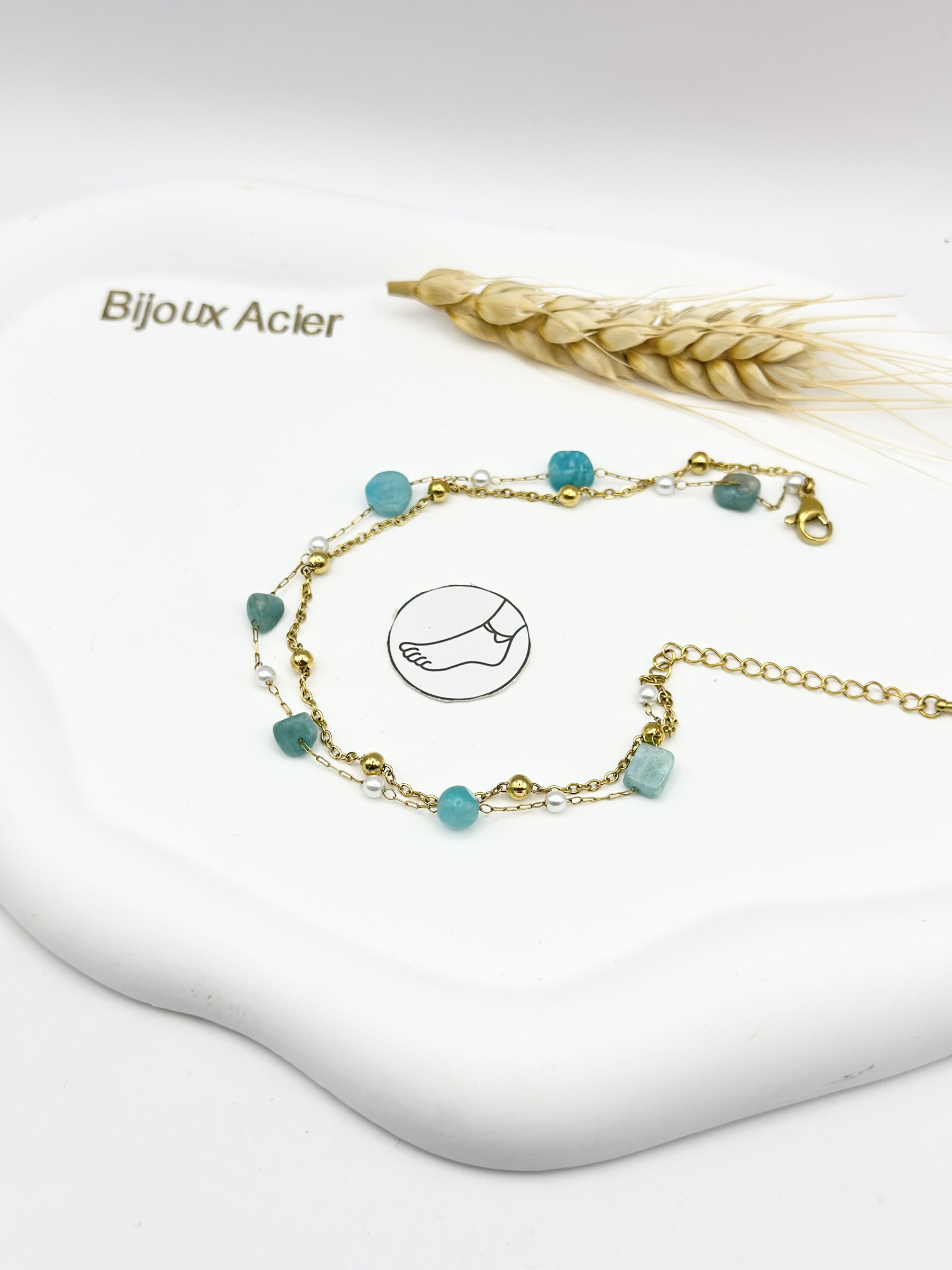 Grossiste Ceramik - Chaîne de Cheville Double Rang Pierres Bleues & Perles  Acier Inoxydable