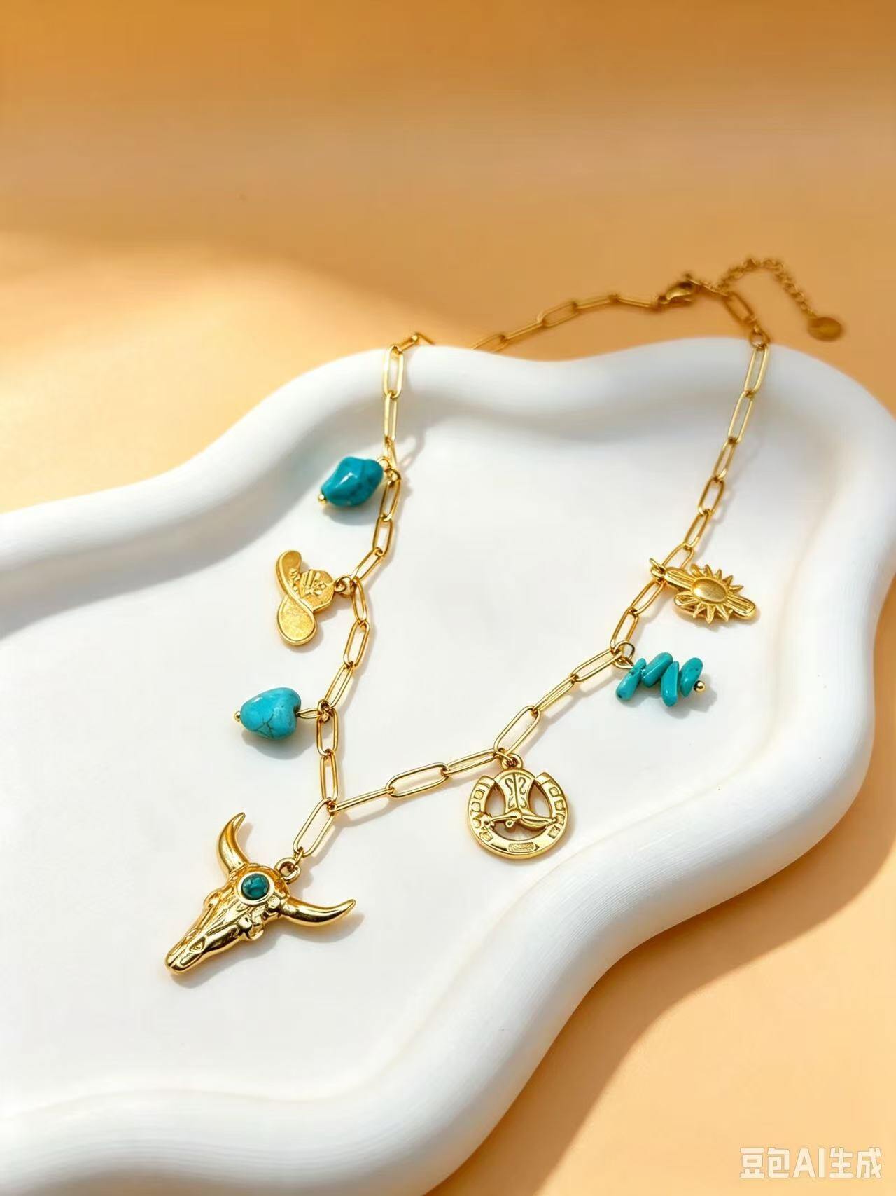 Grossiste Ceramik - Collier multi breloques western crâne taureau turquoise fantaisie doré