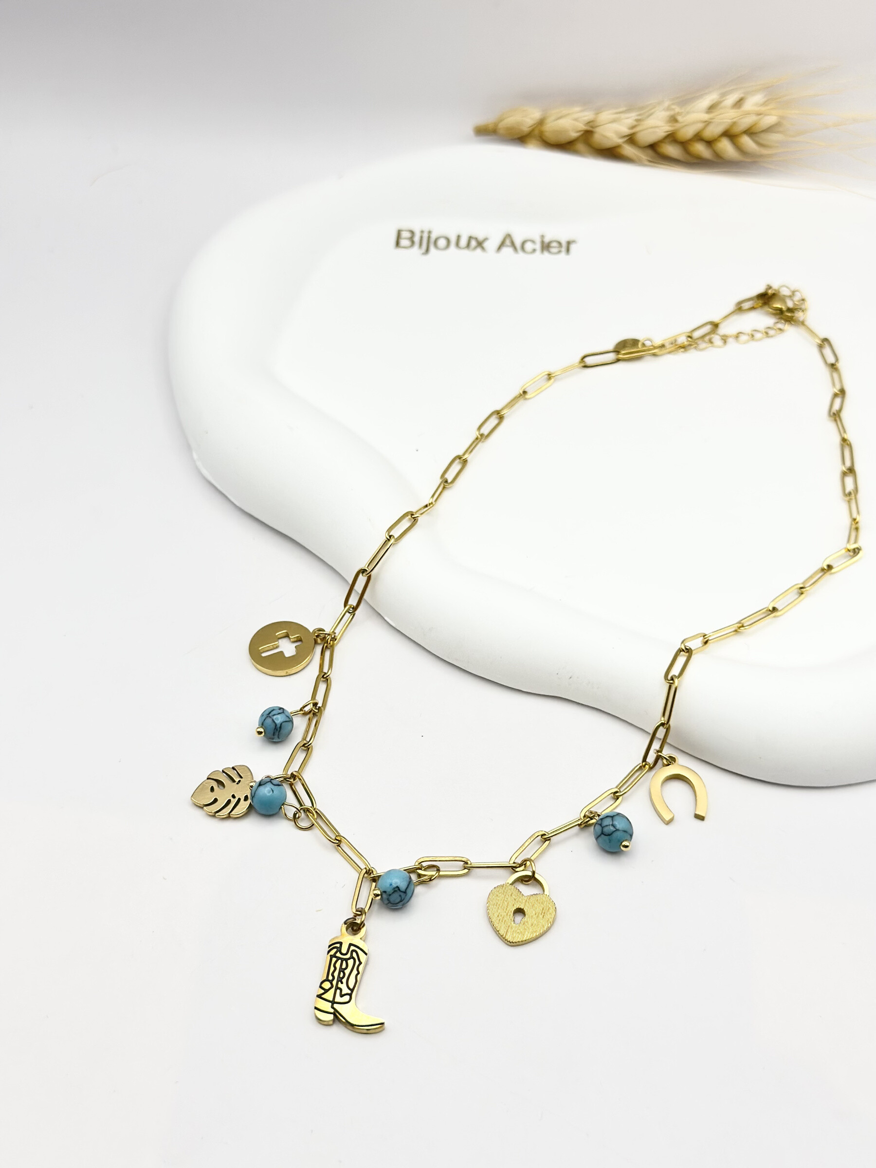 Grossiste Ceramik - Collier "Lucky West" – Charms Porte-Bonheur & Perles Turquoises
