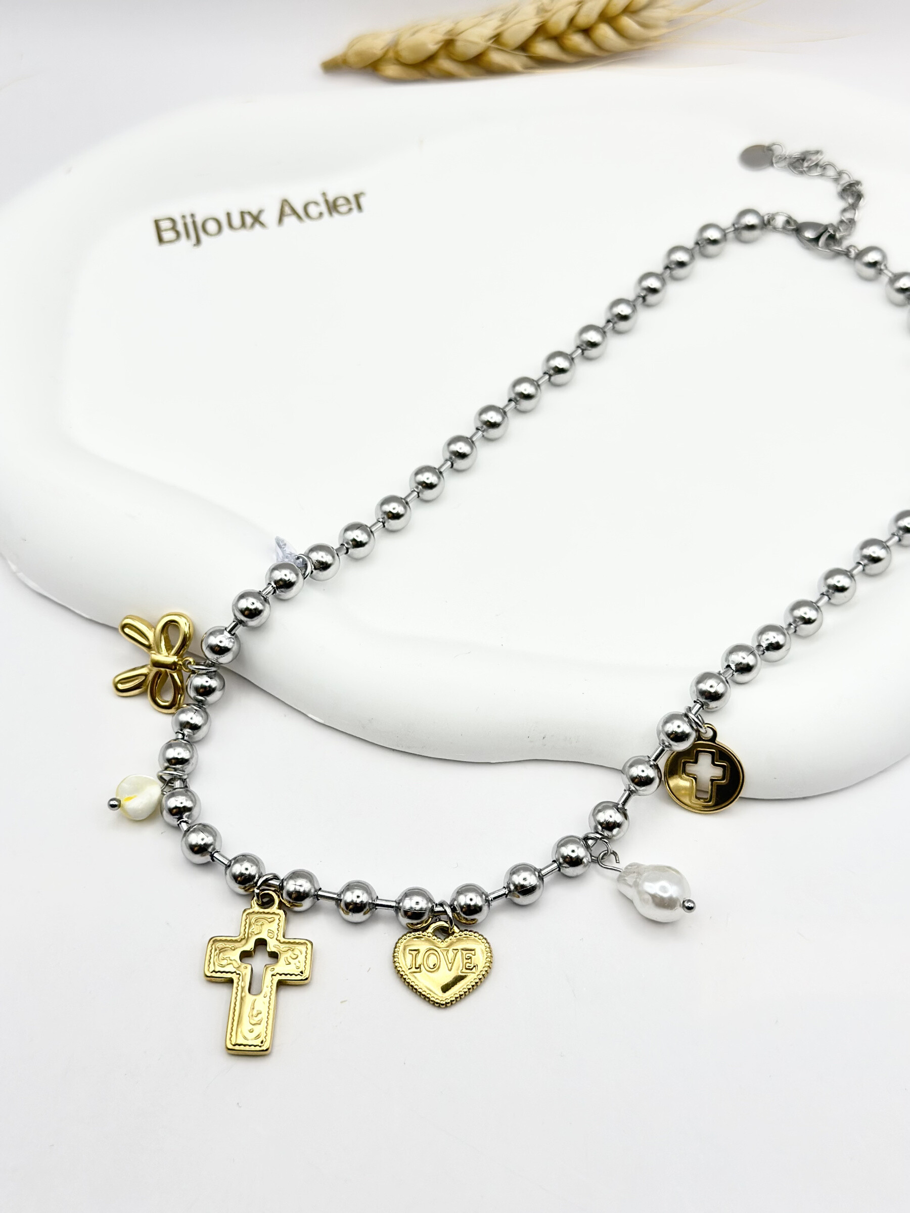 Grossiste Ceramik - Collier “Faith & Love” Charms Croisillons & Cœur  Acier Inoxydable