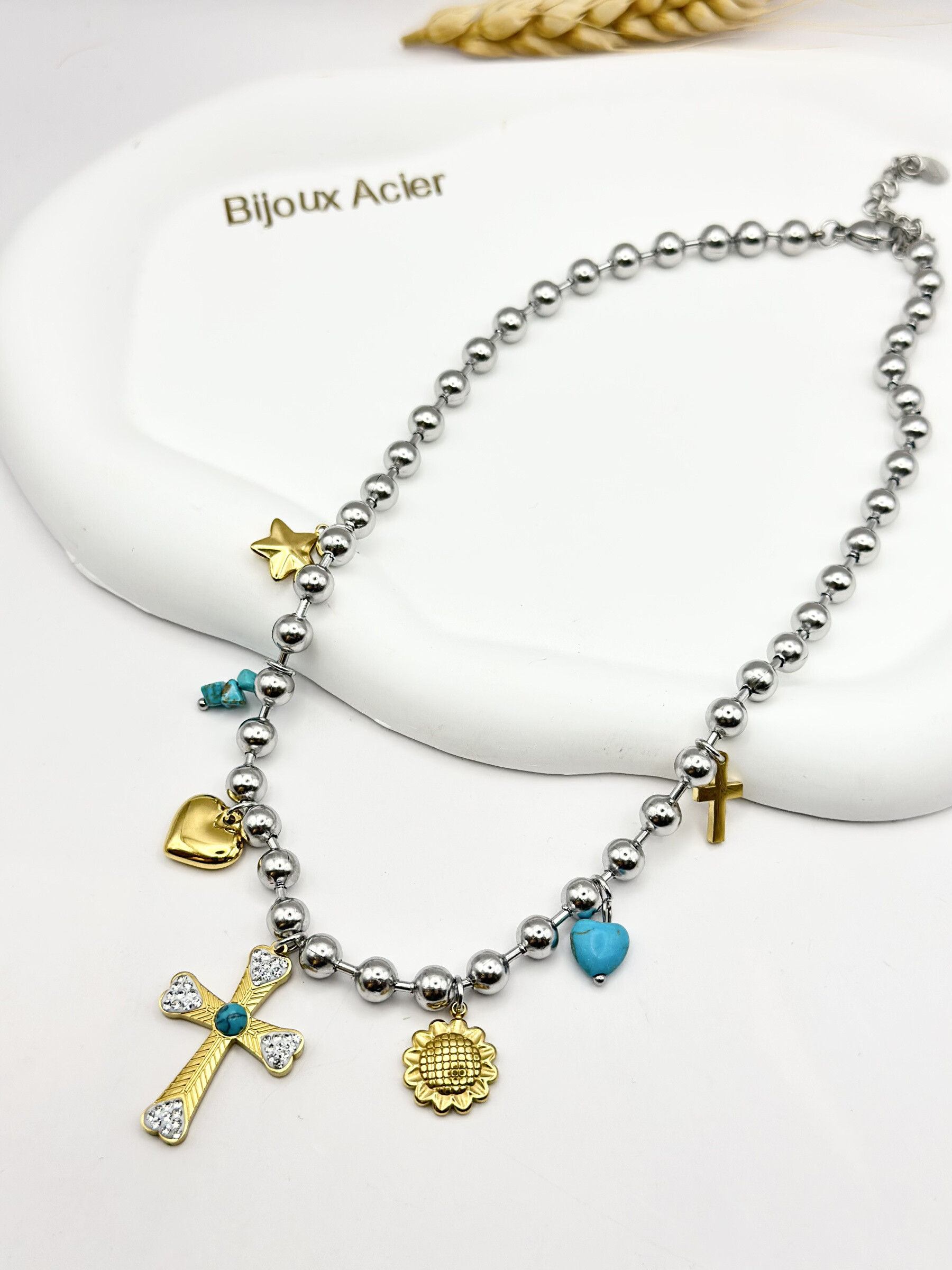 Grossiste Ceramik - Collier “Sunshine Faith” Charms Croix & Turquoise Acier Inoxydable