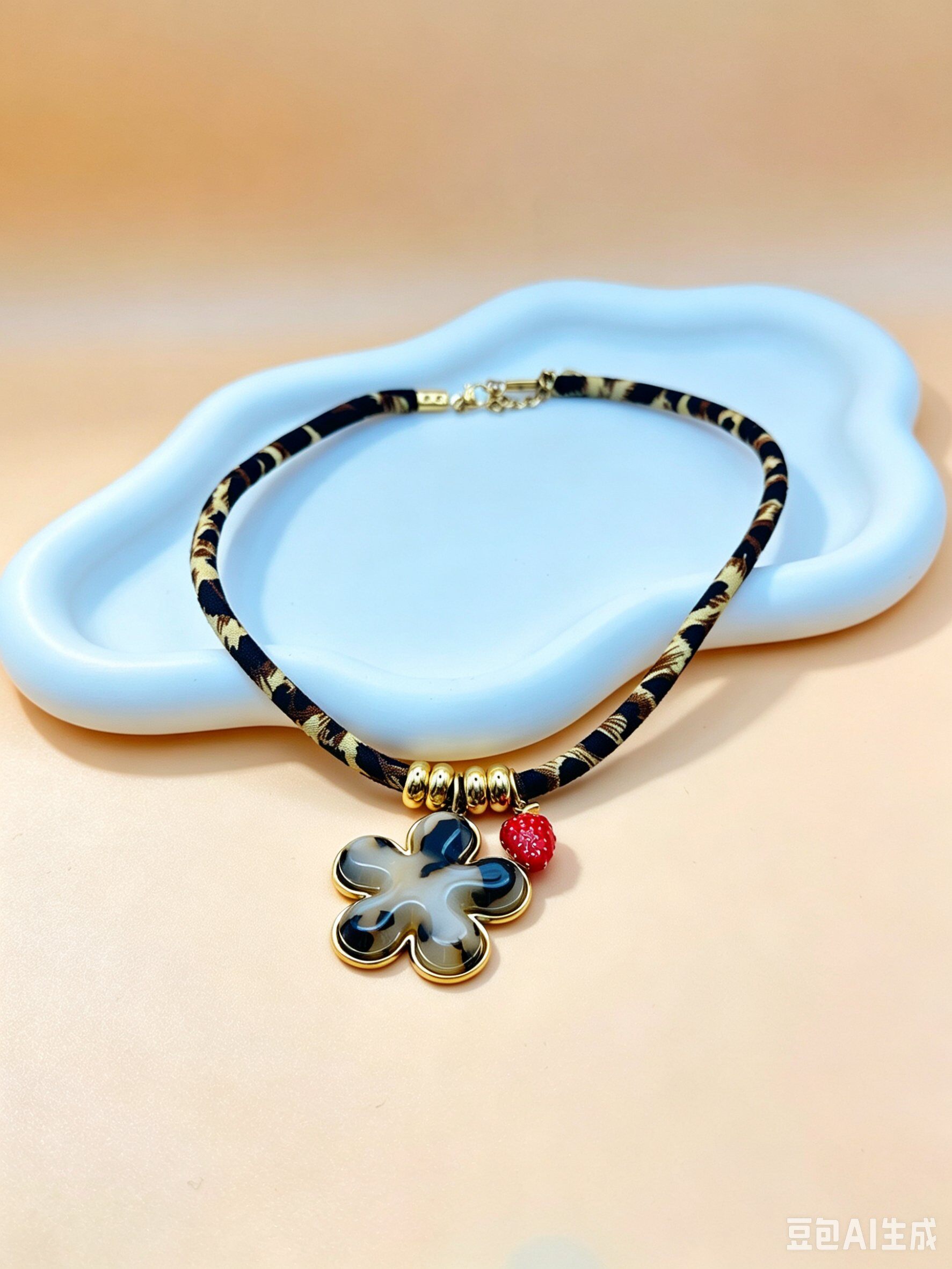 Großhändler Ceramik - Damenkette mit Harzblume & Erdbeere - Bedrucktes Stoffband - 40 cm + 5 cm Verlängerung