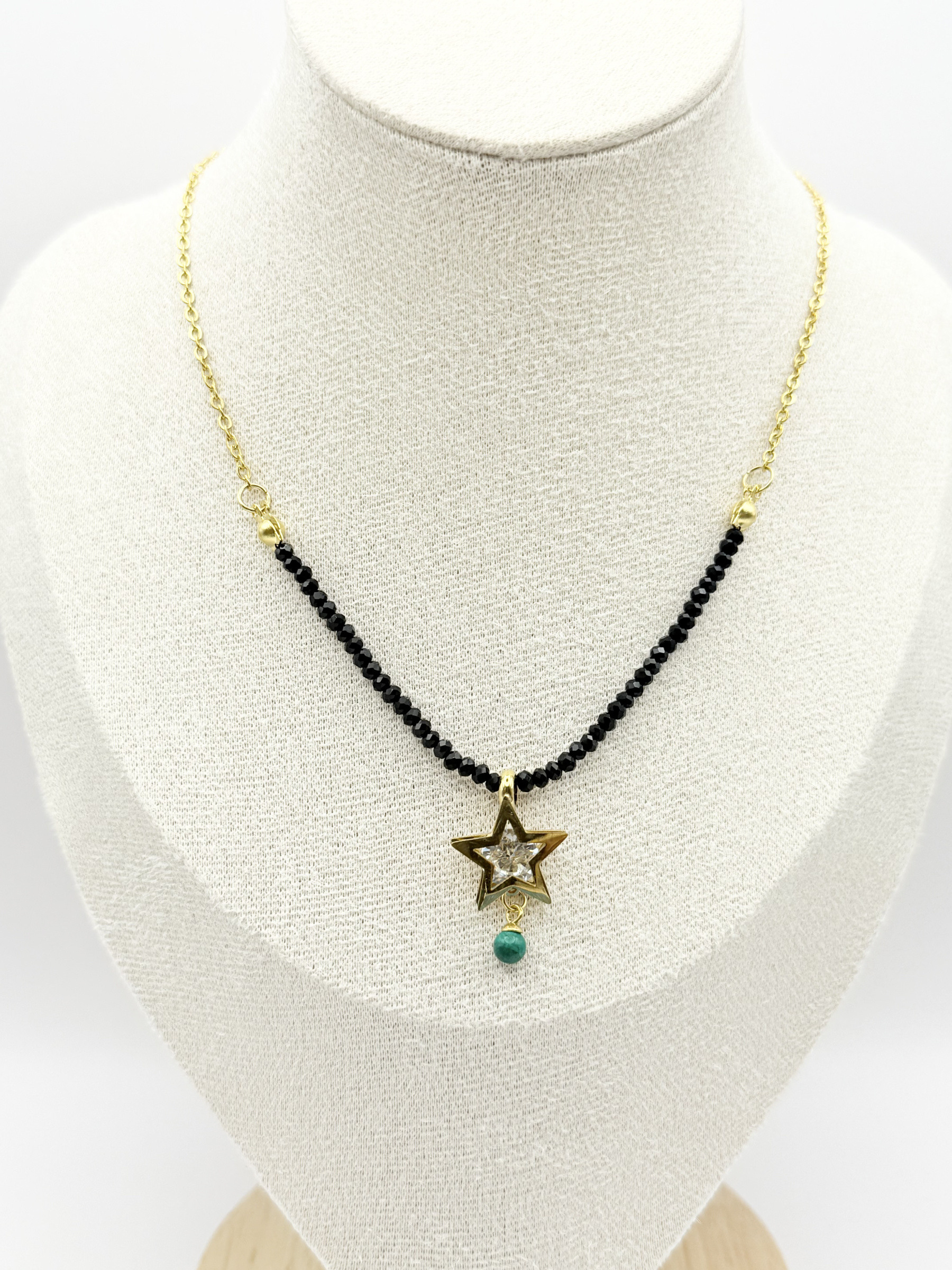 Mayorista Ceramik - Collar de estrella negra con cuentas de colgante de cristal Acero inoxidable dorado o plateado
