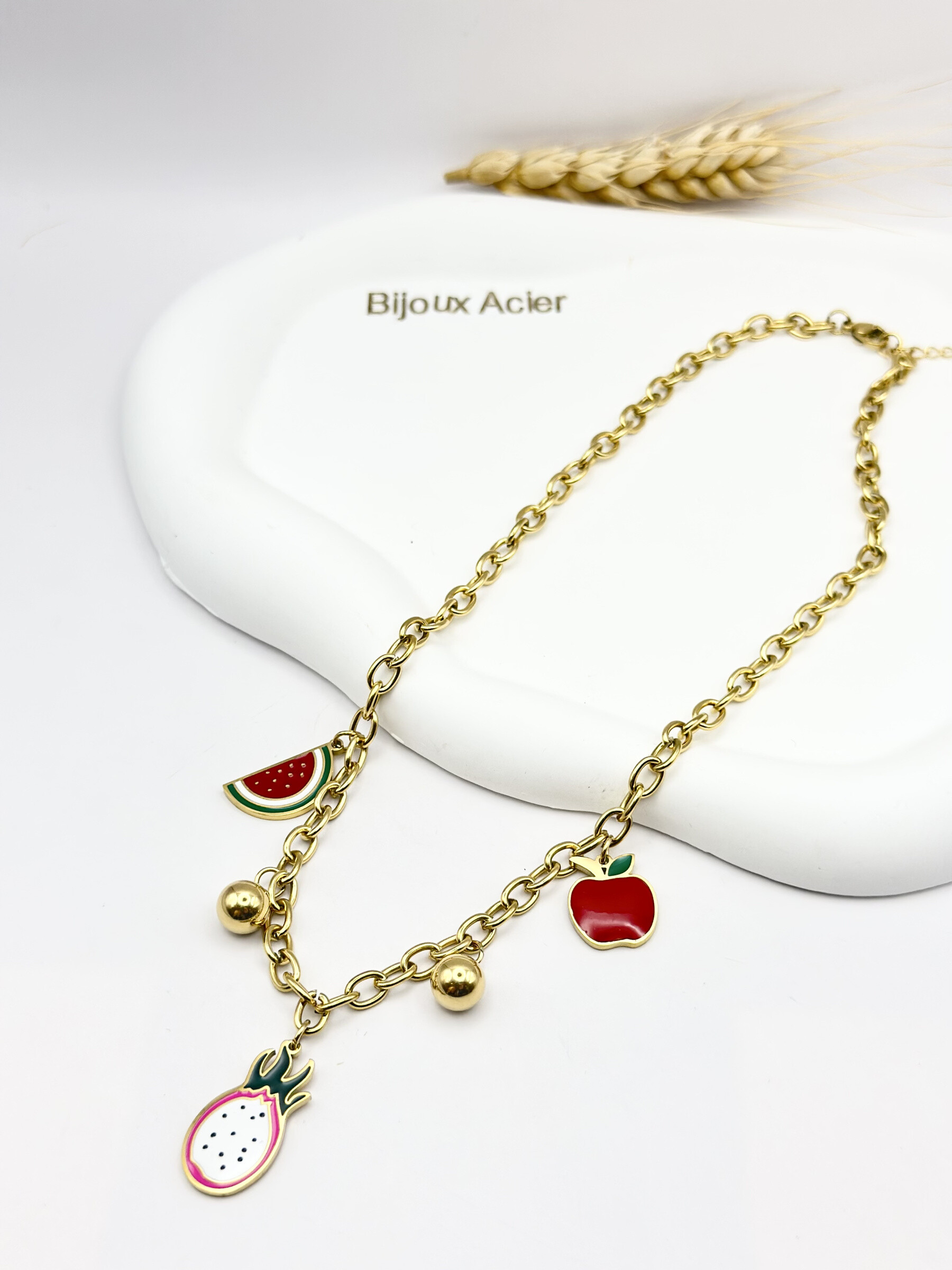Grossiste Ceramik - Collier “Fruit Pop” – Charms Fruits Émaillés – Acier Inoxydable