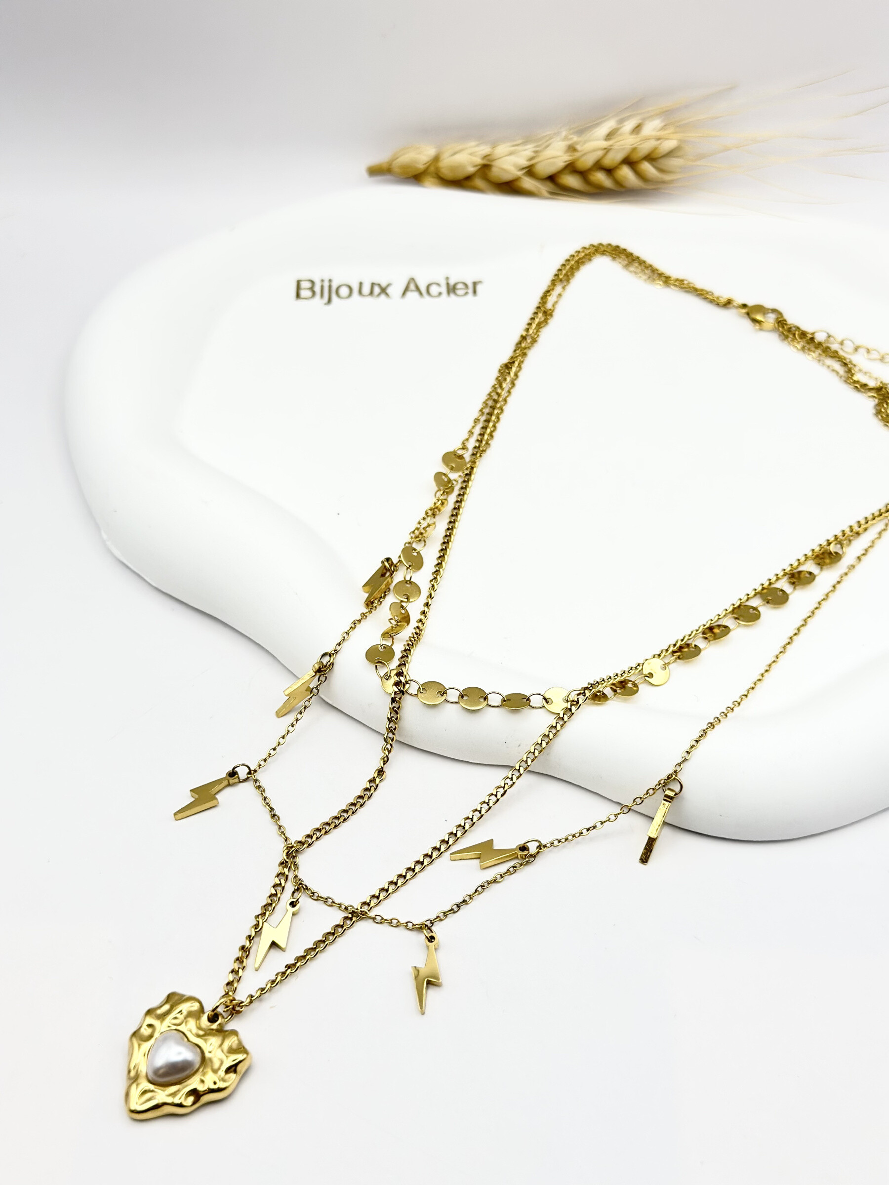 Grossiste Ceramik - Collier Multirang “Éclat Solaire” Charms Éclair & Perle  Acier Inoxydable