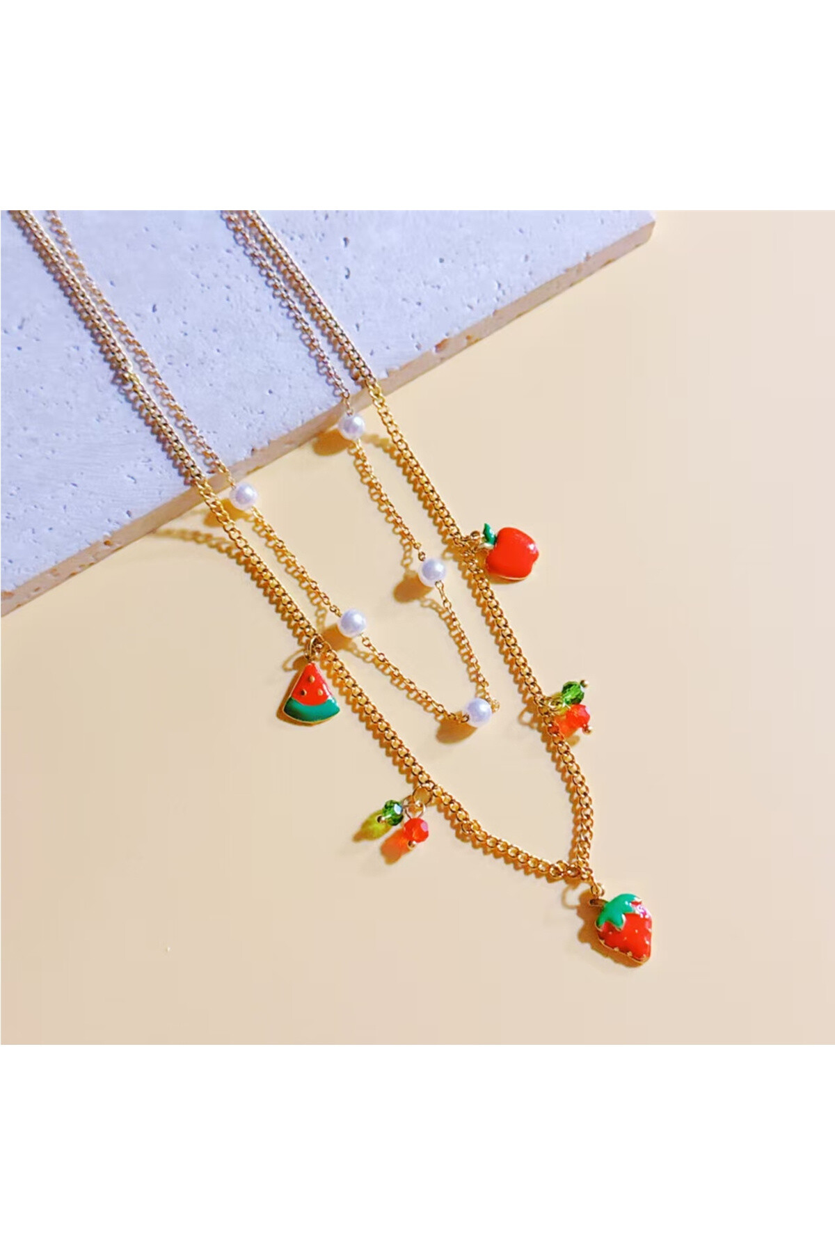 Wholesaler Ceramik - Triple row necklace fruits & pearls Gold plated stainless steel enamel
