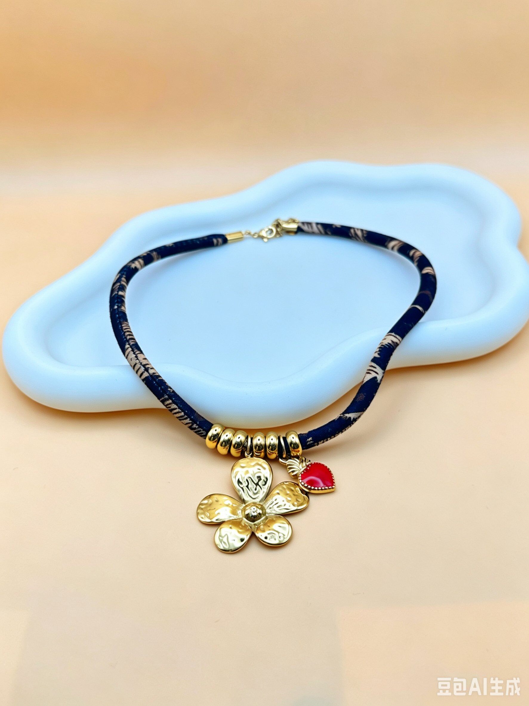 Wholesaler Ceramik - Women's Necklace with Golden Flower & Red Heart - Printed Fabric Cord - 40 cm + 5 cm Extension