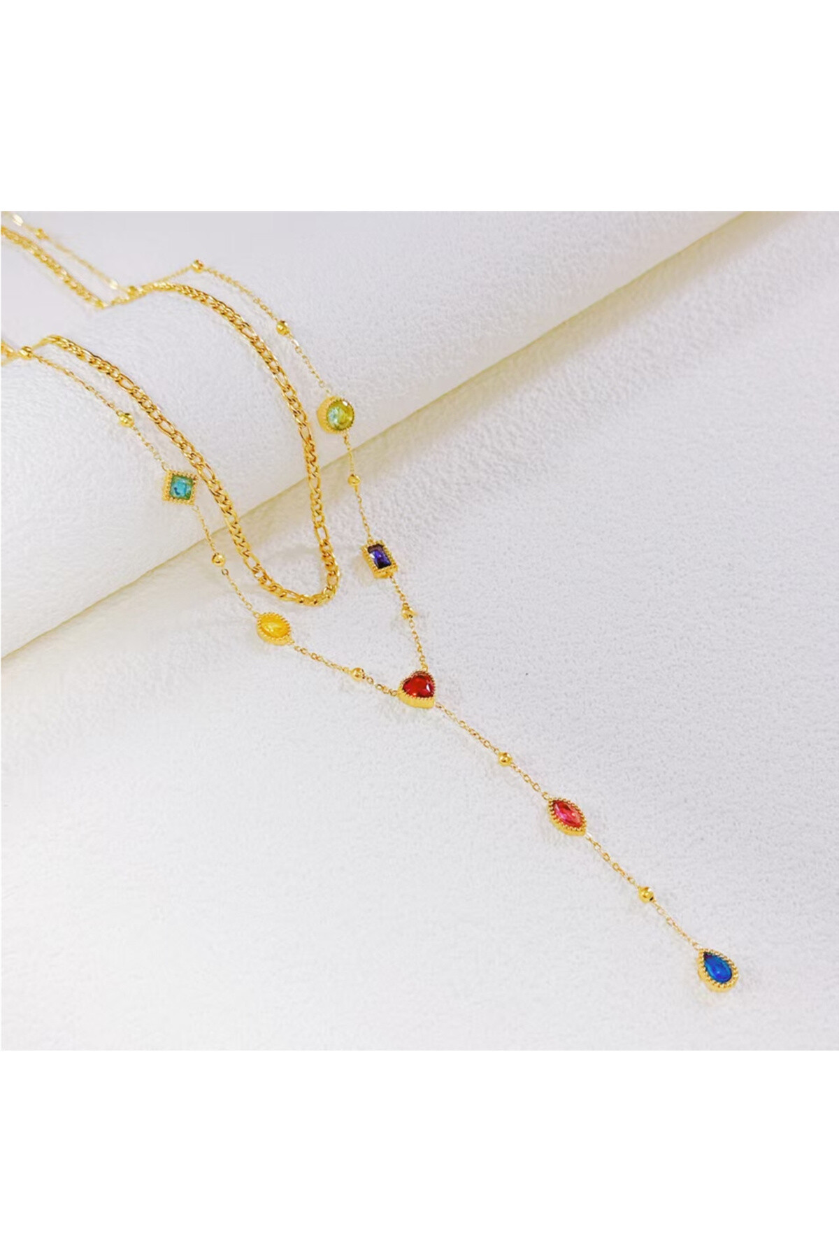 Wholesaler Ceramik - Multi-strand Y-shaped necklace - Gold stainless steel and colorful stones