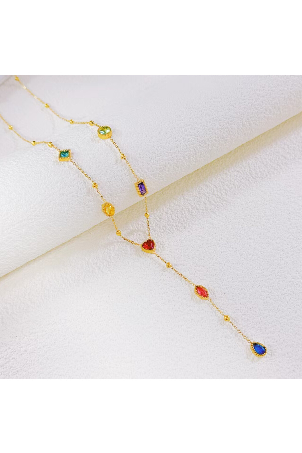 Wholesaler Ceramik - Y-shaped necklace Gold stainless steel and multicolored stones